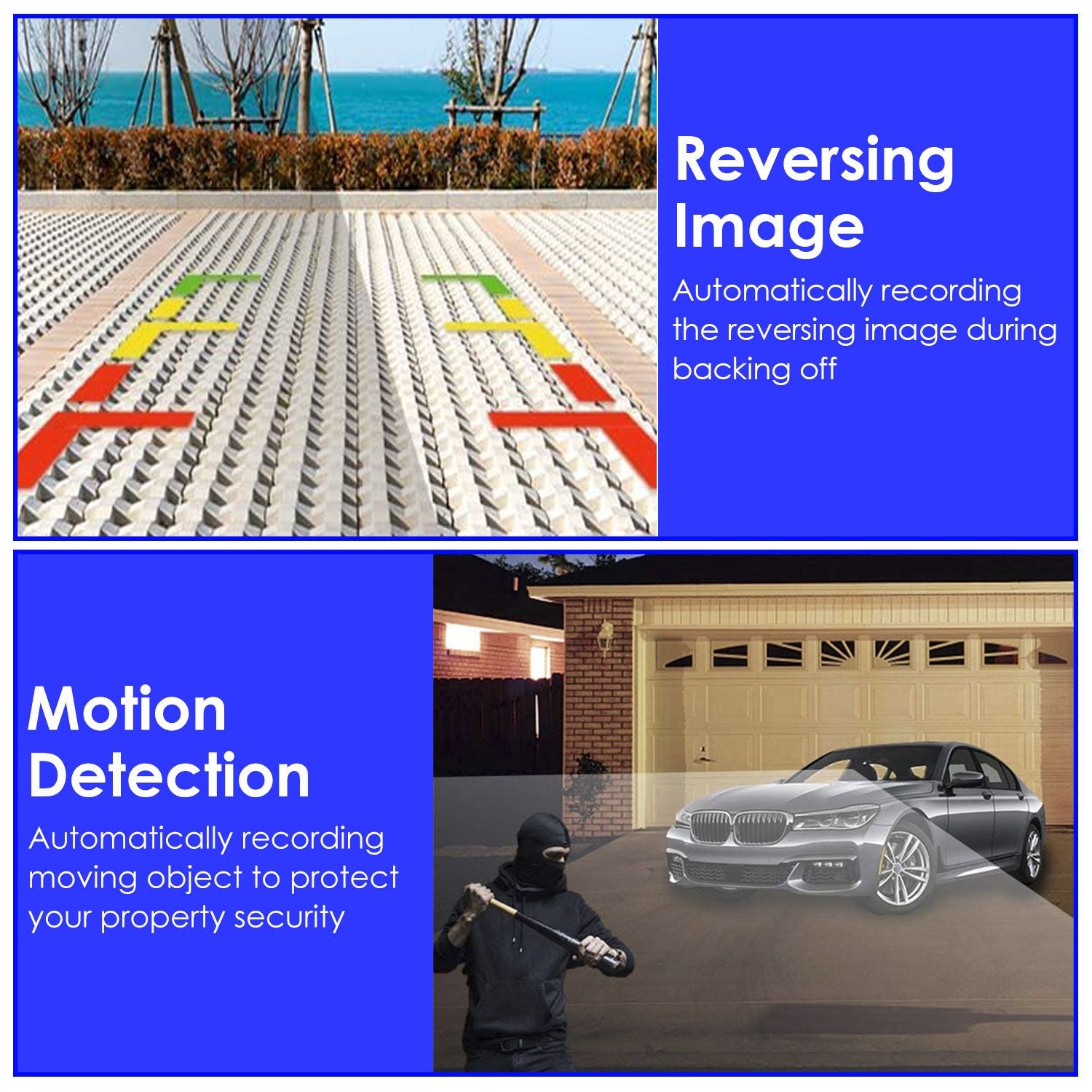 Product image showcasing a reversing camera system with features like automatic reversing image recording and motion detection for enhanced property security, displayed with colorful graphics and real-world application examples.