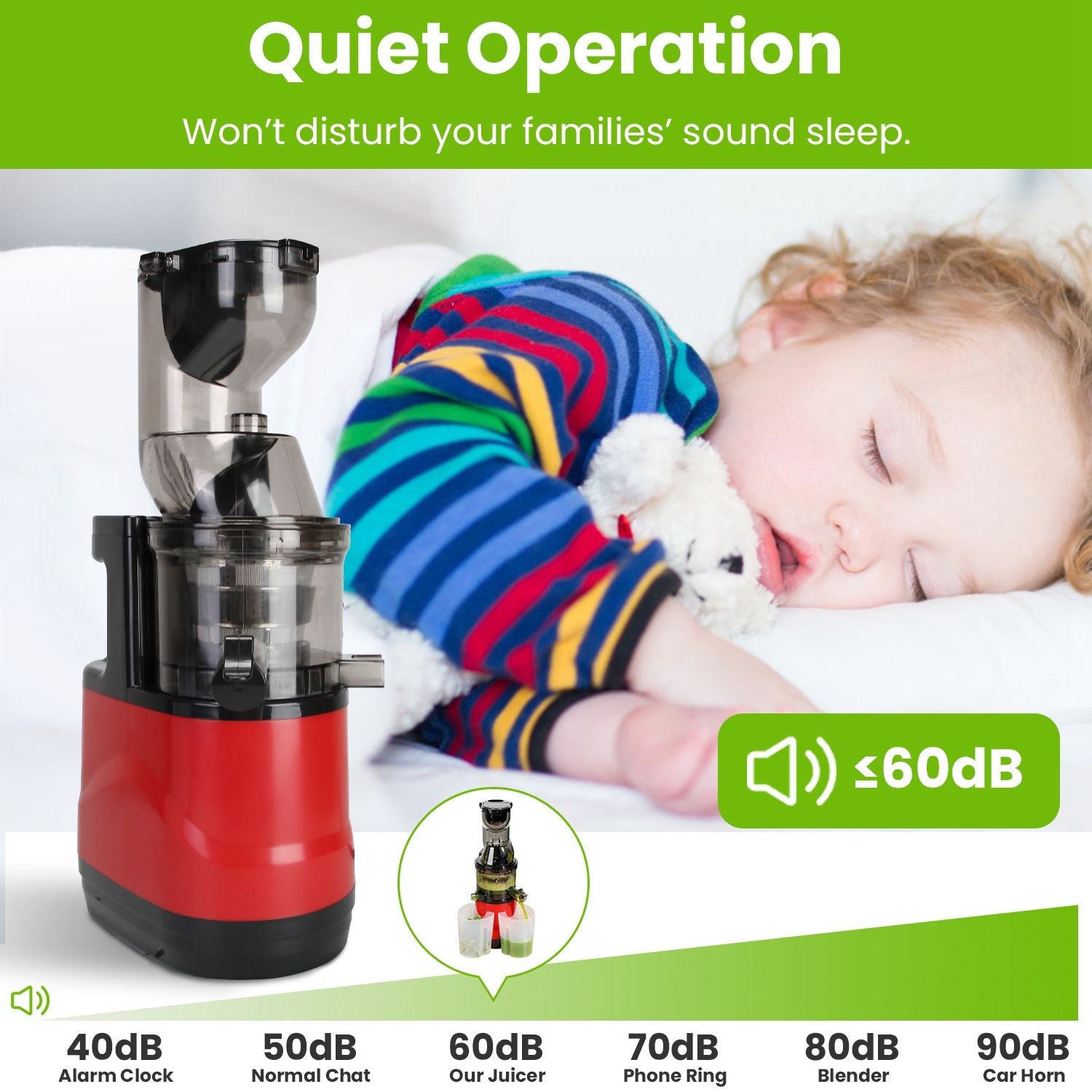 Silent juicer with a sleek red design, promoting quiet operation at 60dB, ideal for family environments without disruption to sleeping children.