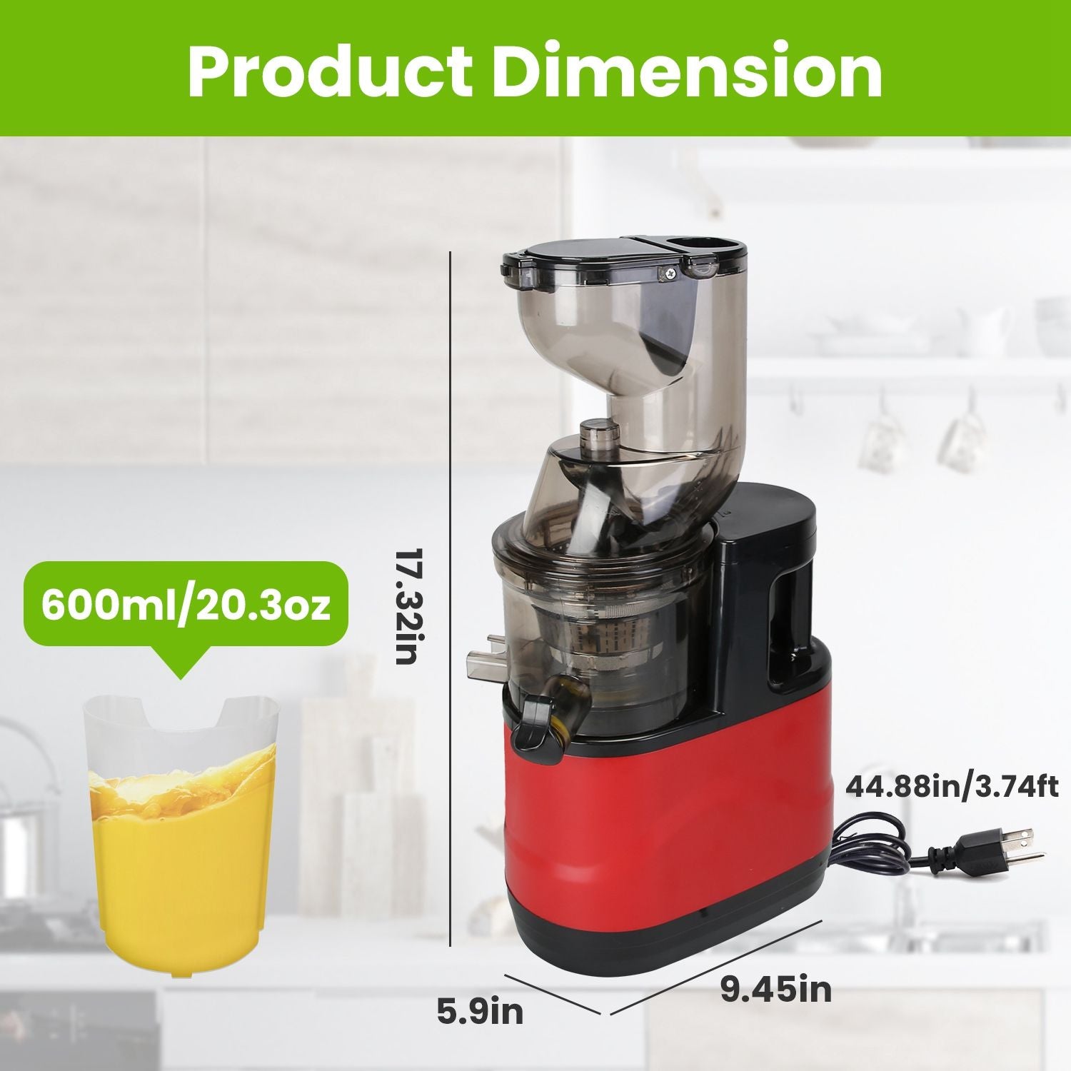 Product image of a red and black juice extractor with a 600ml capacity, showing dimensions of 17.32 inches height, 5.9 inches width, and 9.45 inches depth, featured in a kitchen setting.
