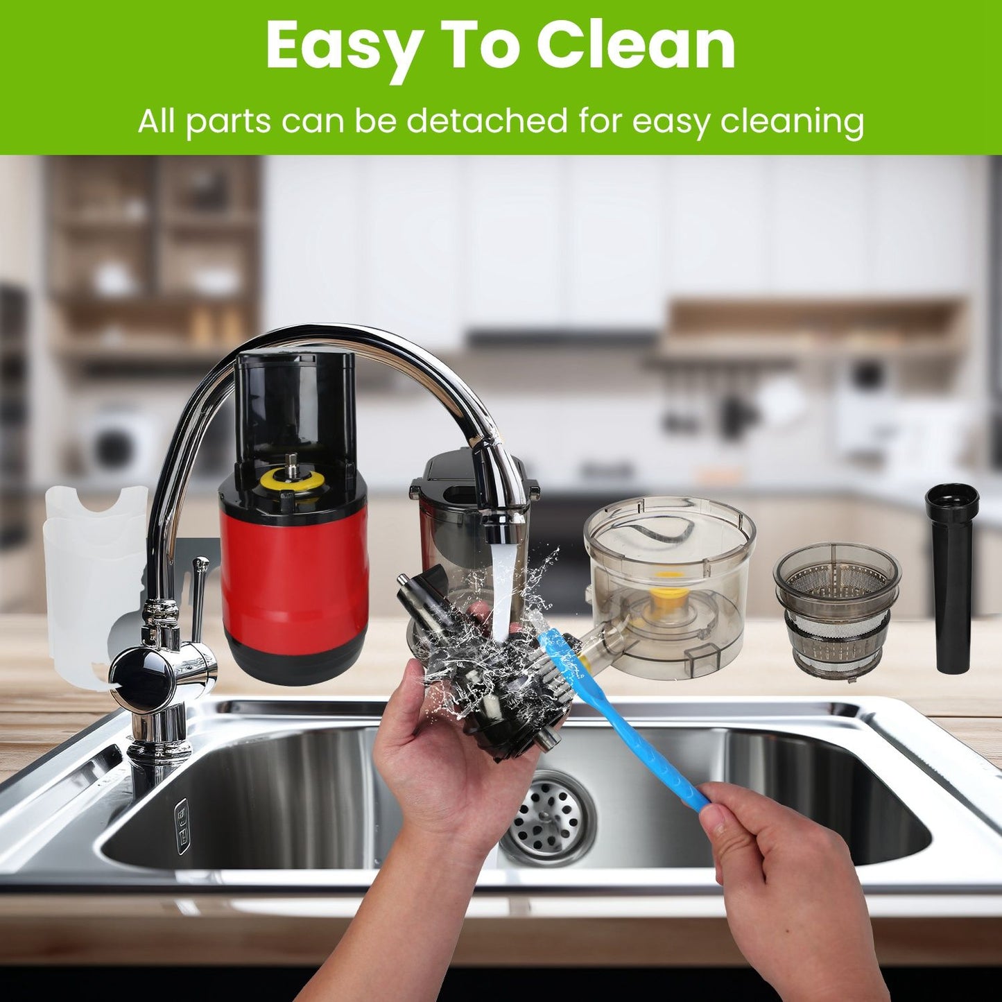 A person holding a detachable kitchen appliance part under running water while cleaning it, with a red and black device attached to a modern kitchen faucet, showcasing easy-to-clean features and various disassembled components nearby.