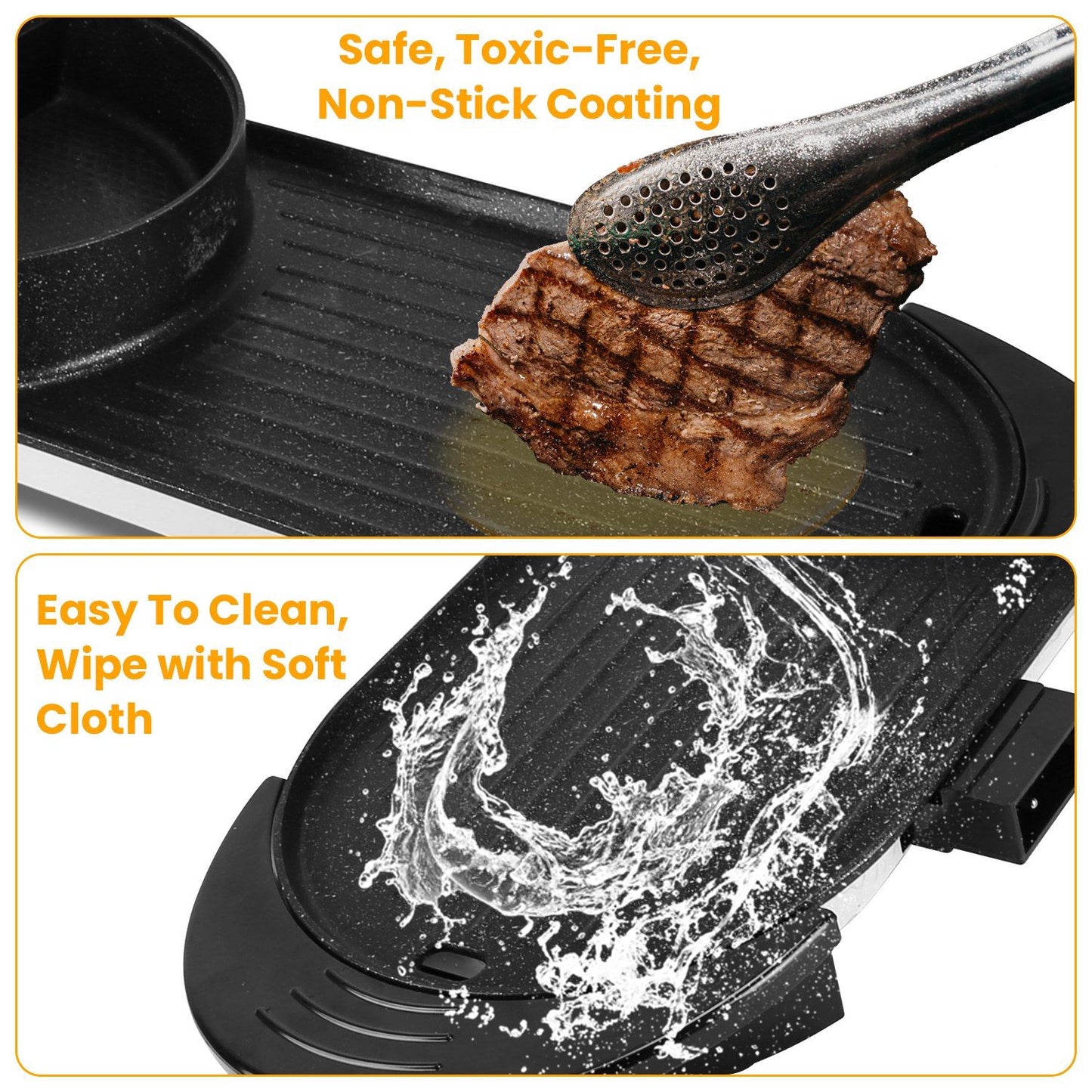 Non-stick grill pan with grilled meat and a splash of water, highlighting its safe, toxic-free coating and easy cleaning features.