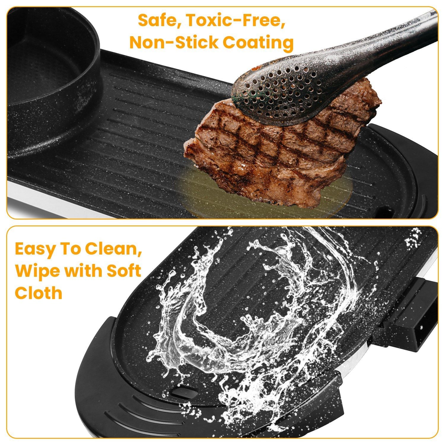Non-stick grill pan with grilled meat and a splash of water, highlighting its safe, toxic-free coating and easy cleaning features.