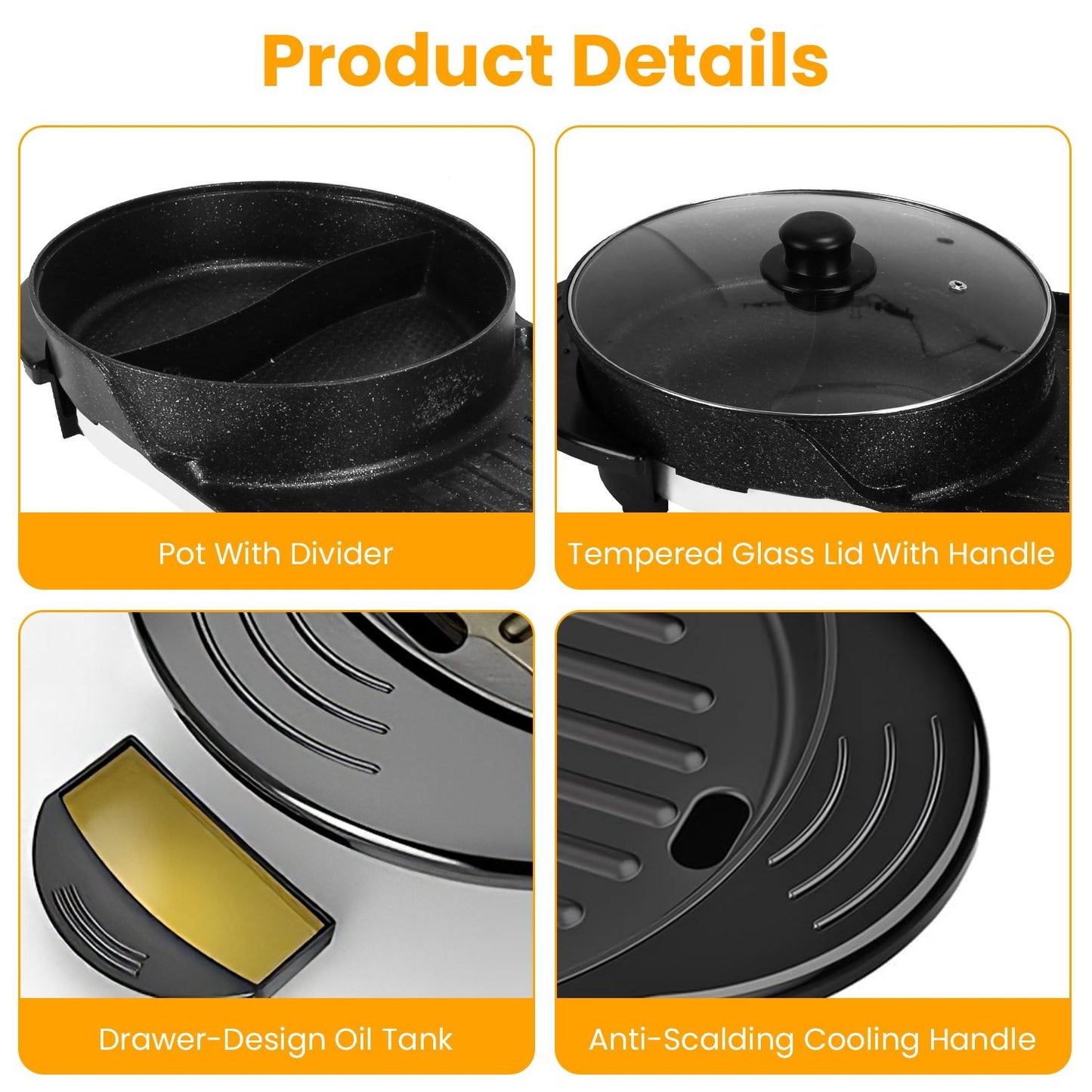 Four product detail images highlighting features of a cooking pot: a pot with divider, a tempered glass lid with handle, a drawer-design oil tank, and an anti-scalding cooling handle.