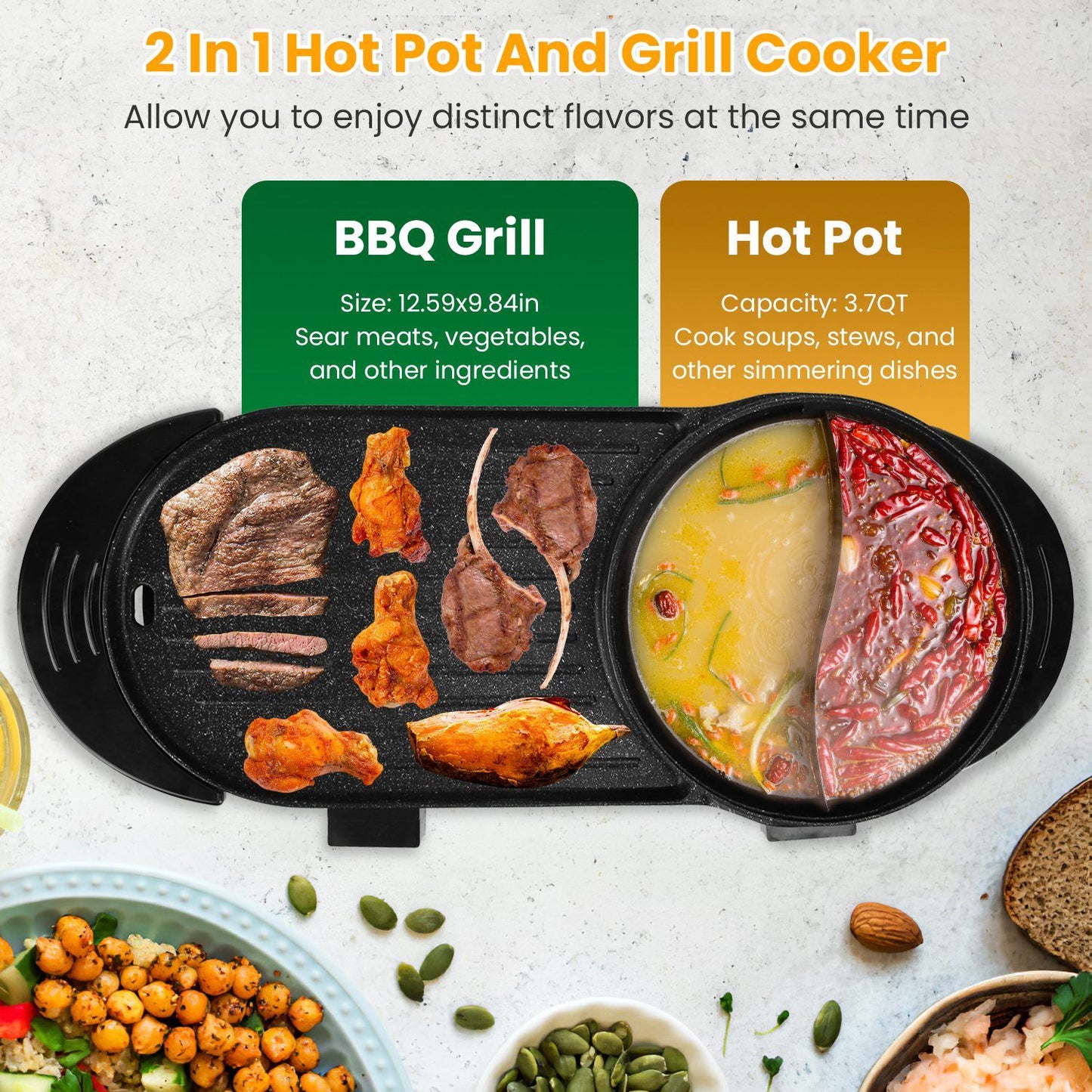 2-in-1 hot pot and grill cooker showcasing BBQ grill with assorted meats and vegetables on one side, and a vibrant hot pot with broth and spices on the other, set against a clean countertop with garnishes and a side dish of chickpeas and greens.