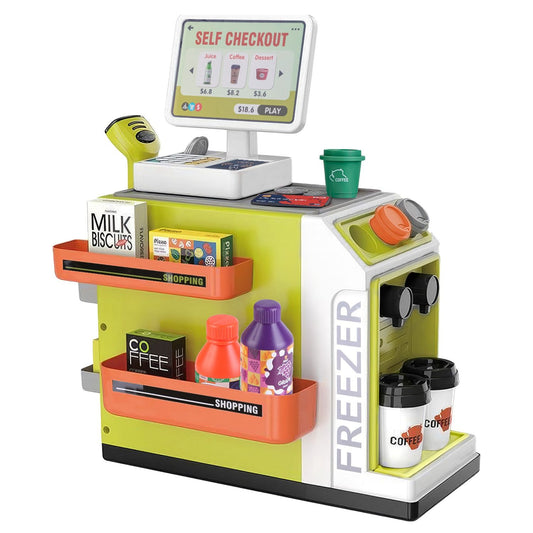 Colorful toy self-checkout station with interactive screen, scanner, and various food and drink items displayed on shelves, perfect for children's playtime.
