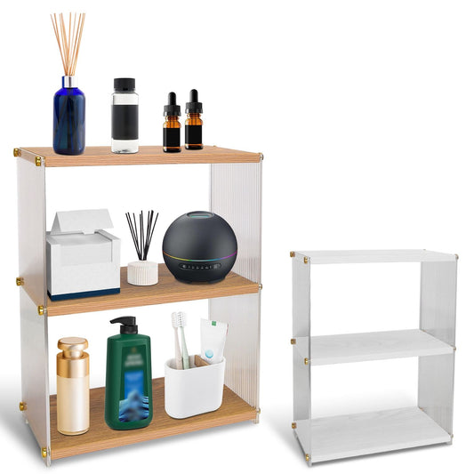 Modern wooden shelf with essential oils, a diffuser, and skincare products, showcasing an elegant and organized bathroom or spa aesthetic.