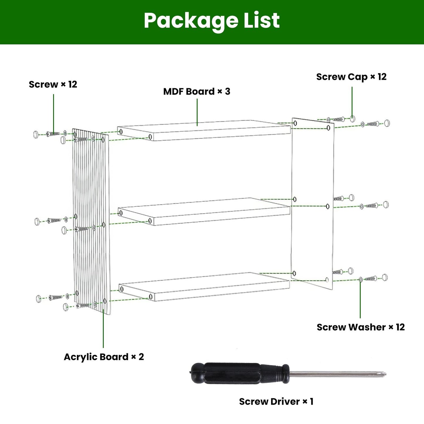 Diagram showing package list for a shelving unit, including 12 screws, 3 MDF boards, 12 screw caps, 2 acrylic boards, 12 screw washers, and 1 screwdriver.