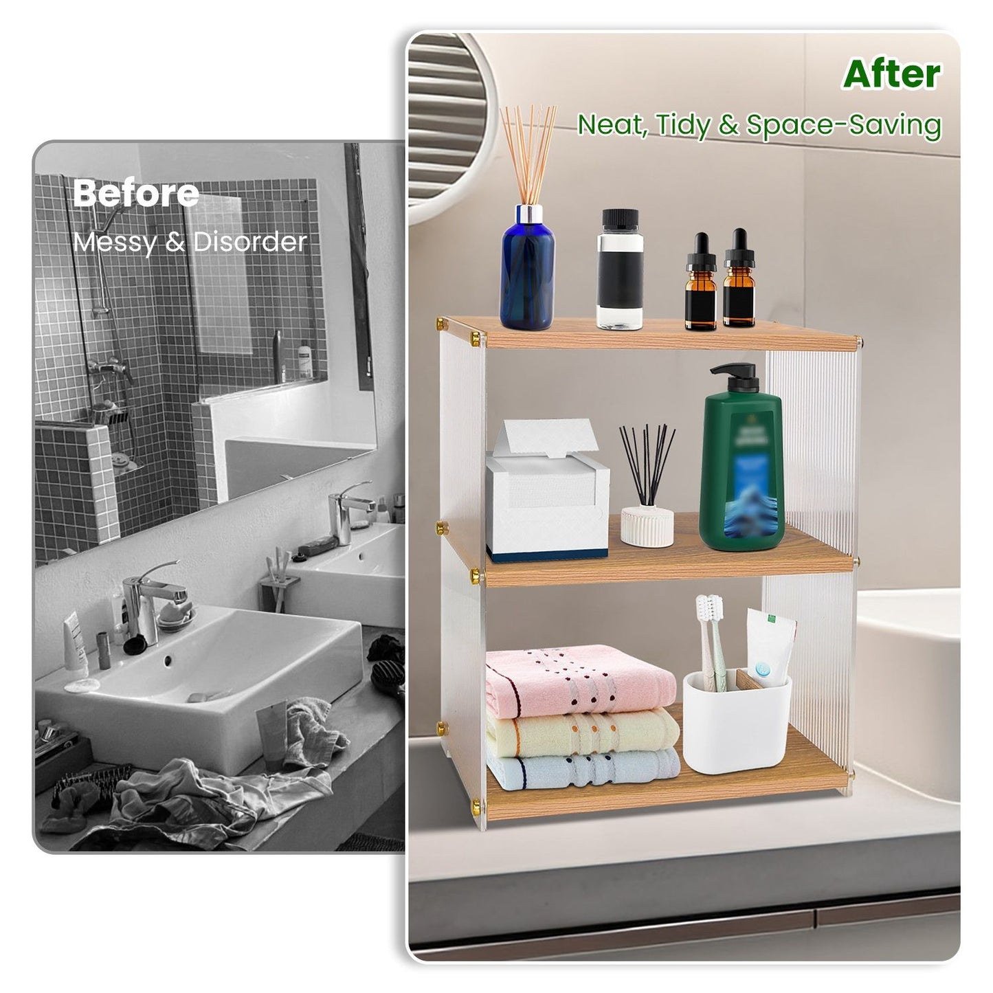 Before and after image showcasing a bathroom transformation: the left side displays a messy and disorganized space, while the right side reveals a neat and tidy bathroom shelf organizer with toiletries, towels, and decorative items.