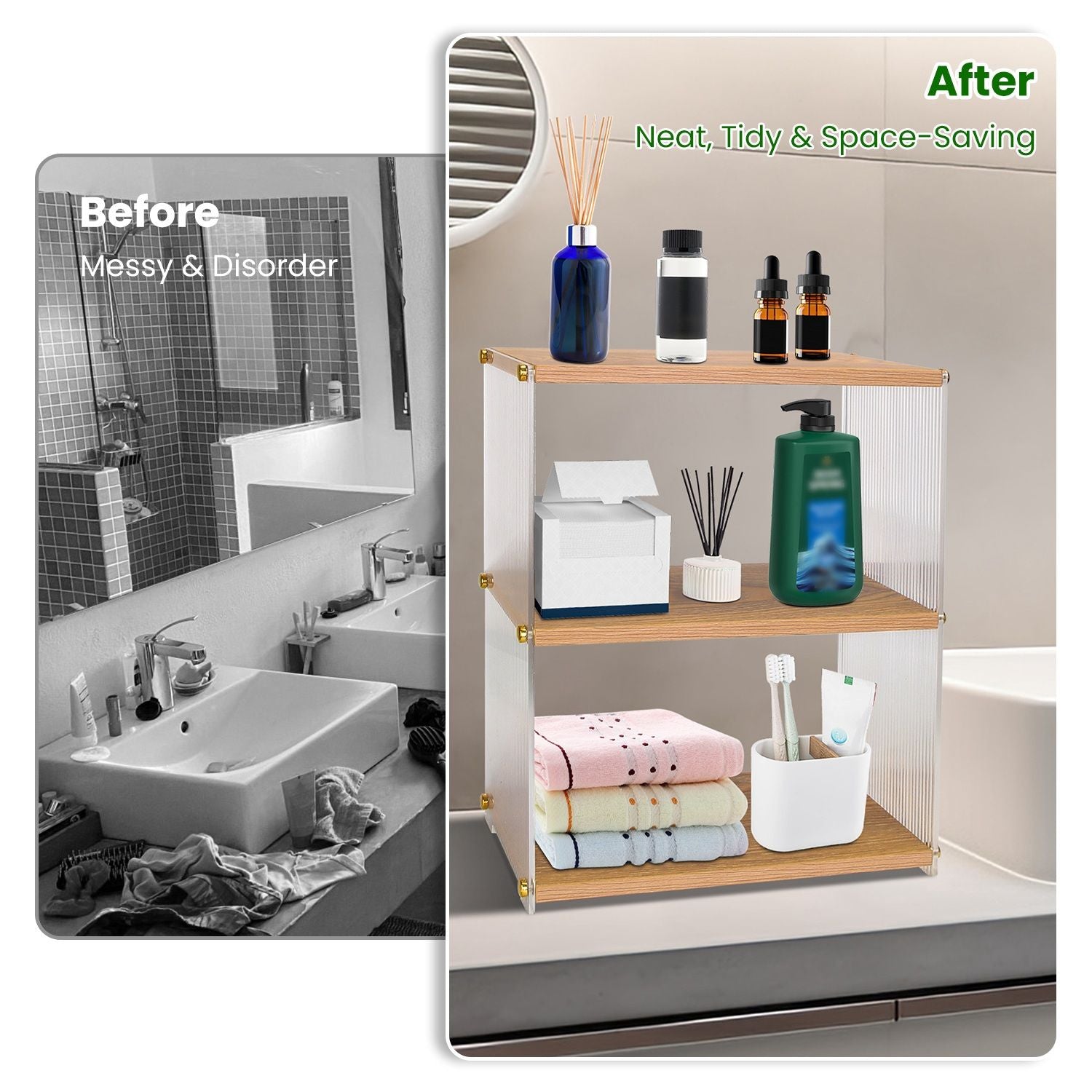 Before and after image showcasing a bathroom transformation: the left side displays a messy and disorganized space, while the right side reveals a neat and tidy bathroom shelf organizer with toiletries, towels, and decorative items.