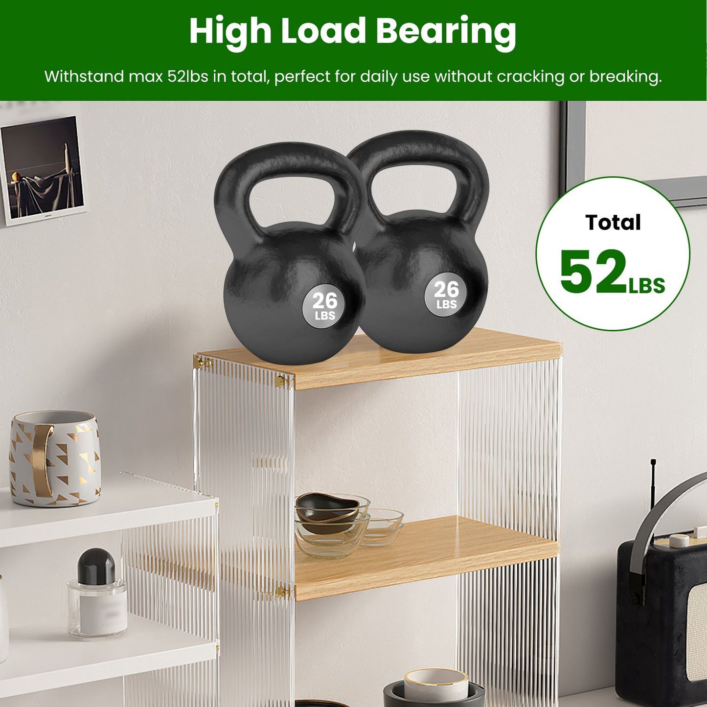 Black kettlebells weighing 26 lbs each on a wooden shelf, showcasing their high load-bearing capacity of 52 lbs, ideal for strength training and home workouts.