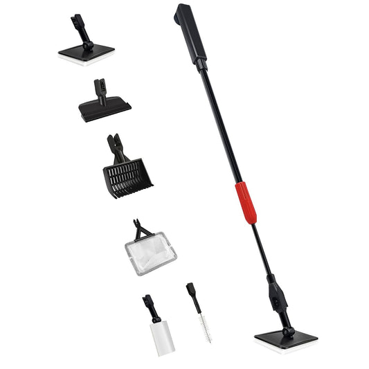 Adjustable cleaning pole tool with multiple interchangeable attachments including squeegee, scoop, mesh net, lint roller, brush, and cleaning pad, ideal for versatile household cleaning tasks.