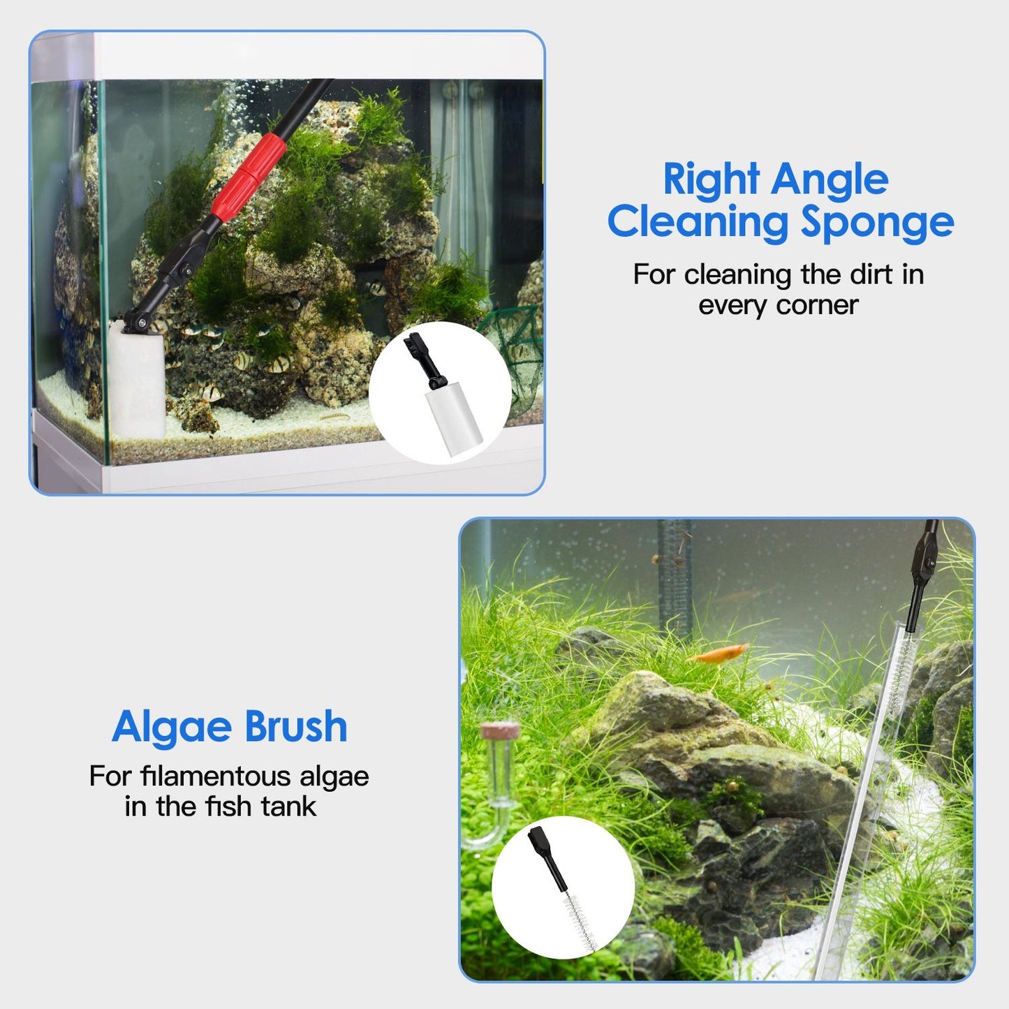 Right angle cleaning sponge and algae brush for effective fish tank maintenance, ensuring corners are dirt-free and controlling filamentous algae growth.