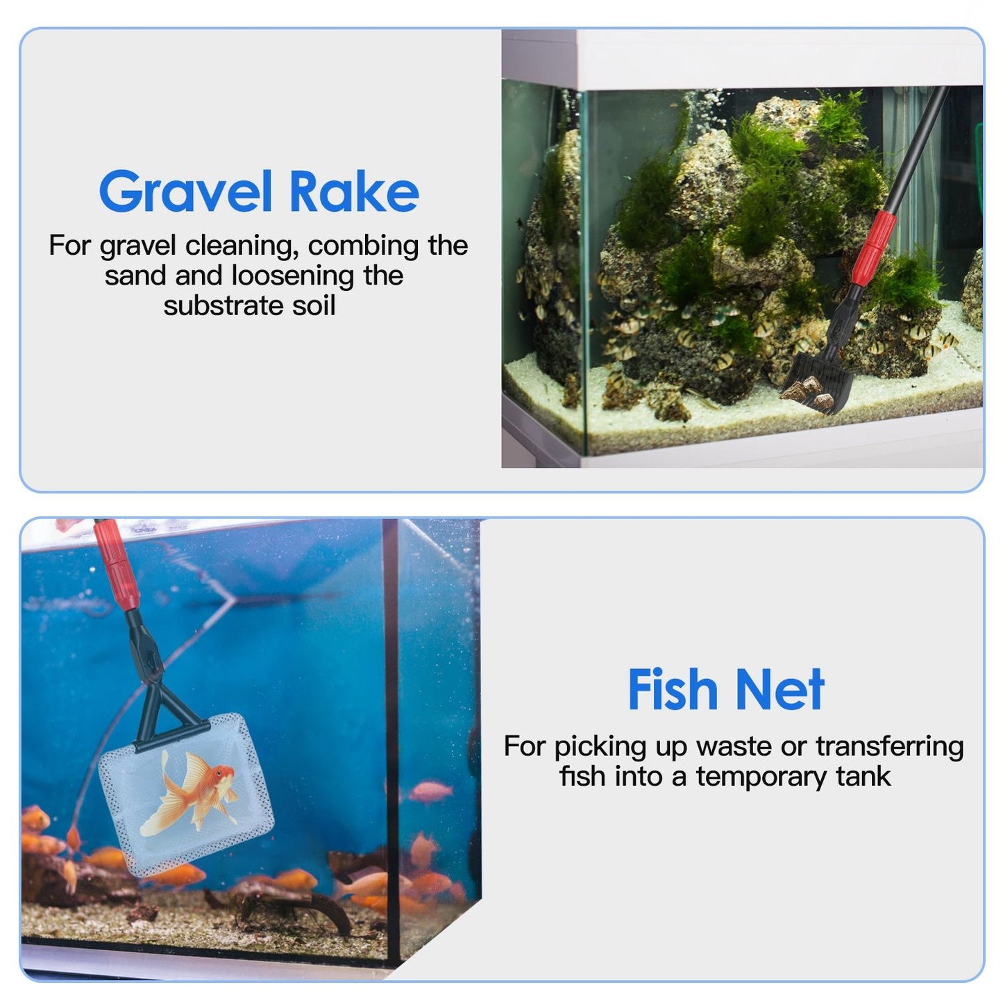 Image showcasing an aquarium maintenance set, featuring a gravel rake for cleaning and loosening substrate soil, and a fish net for waste collection and fish transfer, with vibrant aquatic life visible.