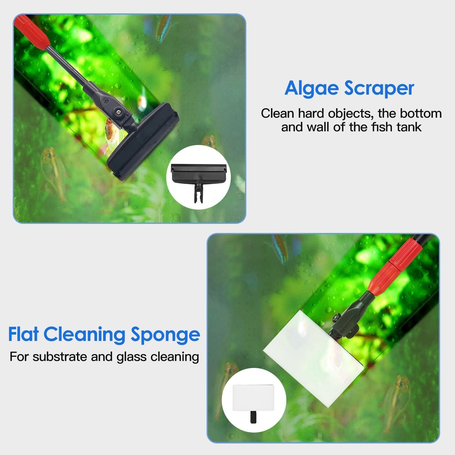 Aquarium cleaning tools featuring an algae scraper for removing dirt from tank walls and a flat cleaning sponge for glass and substrate maintenance.