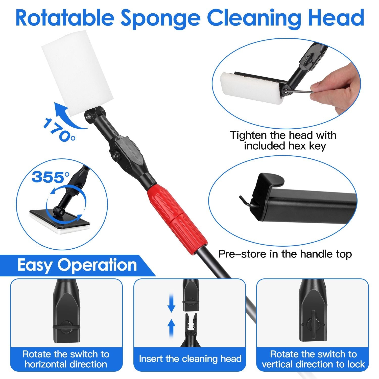 Rotatable sponge cleaning head with ergonomic handle, adjustable angles of 170° and 355°, featuring easy operation instructions and included hex key for secure attachment.