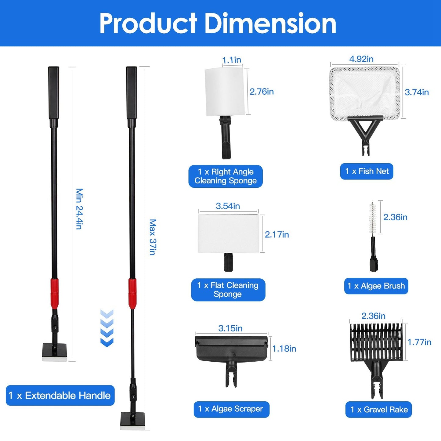 Product dimensions for a versatile pool cleaning kit including an extendable handle, cleaning sponges, fish net, algae brush, scraper, and gravel rake.