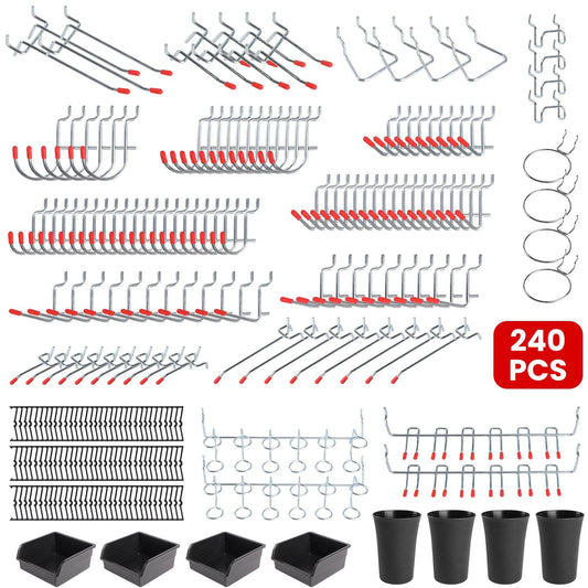 240-piece garage organization kit featuring various hooks, shelves, and storage bins in silver and black, designed for efficient tool and equipment storage.