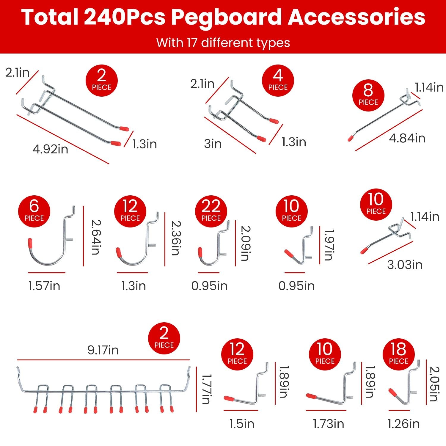 240-piece pegboard accessory set featuring 17 different types of hooks and holders, ideal for organizing tools and supplies, with detailed size specifications for each piece.