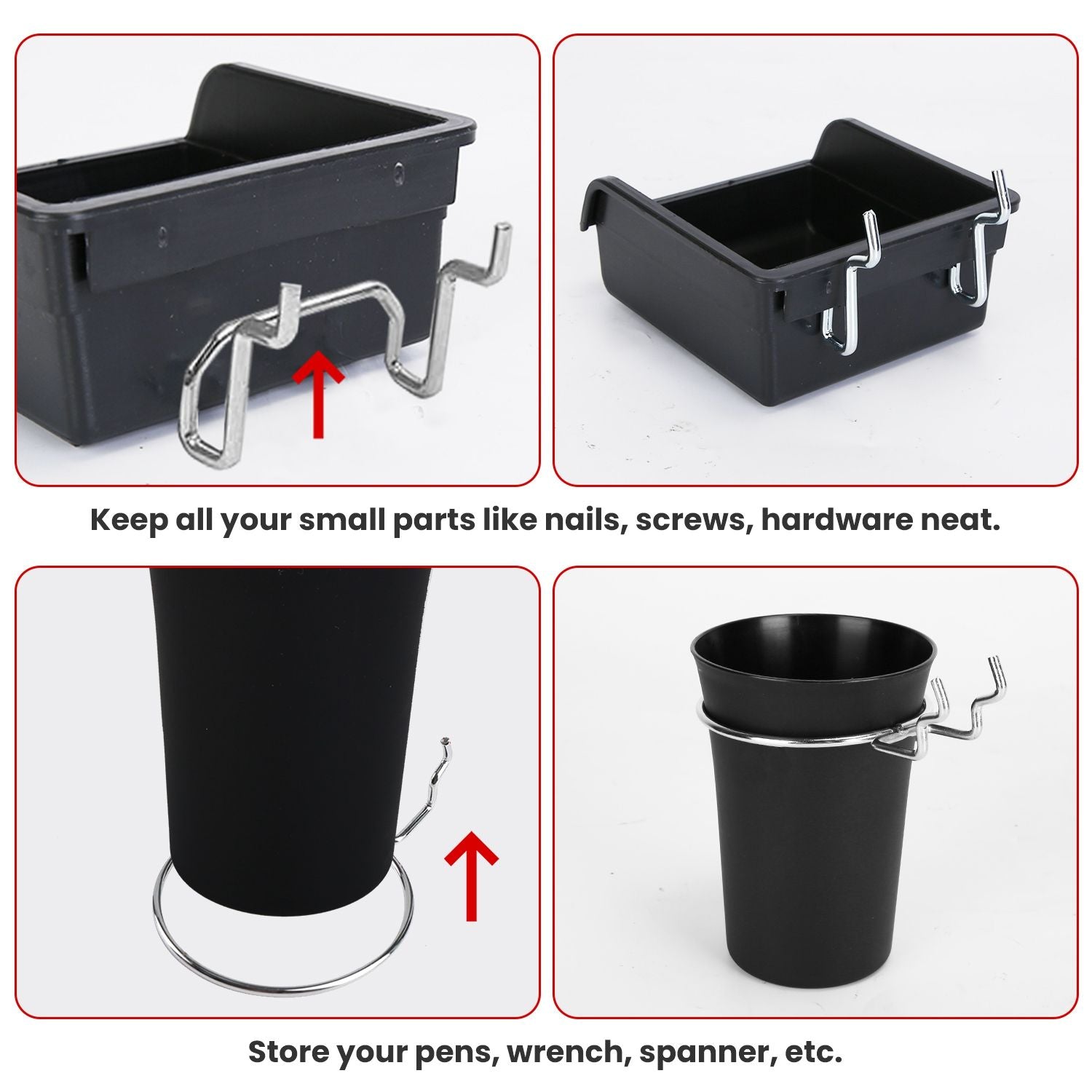 Multipurpose black storage bin with metal hooks, ideal for organizing small hardware like nails and screws, as well as tools and pens.