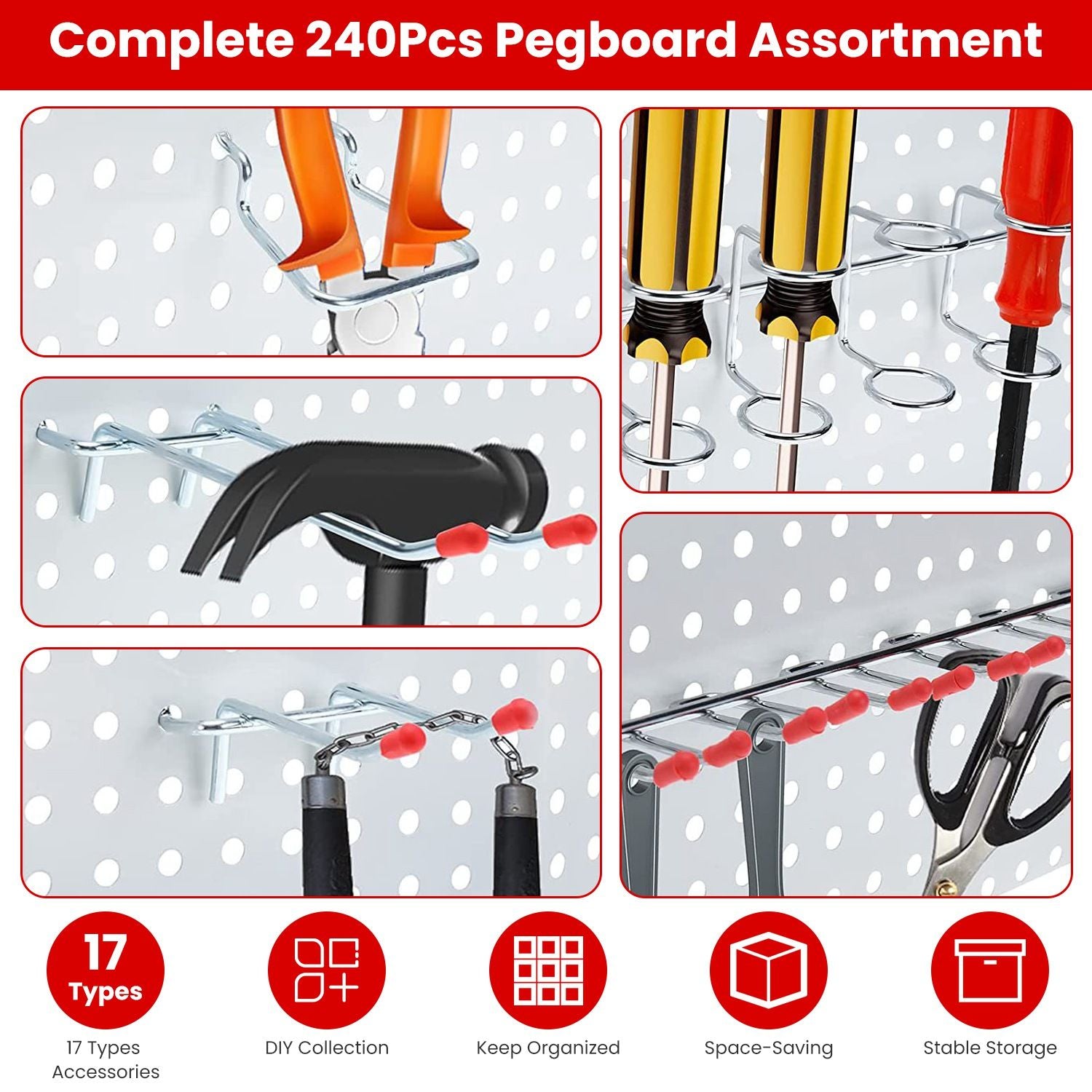 Alt tag: "Complete 240-piece pegboard assortment featuring diverse tools and accessories for organized storage, including hammers, screwdrivers, and scissors, displayed on a perforated pegboard."