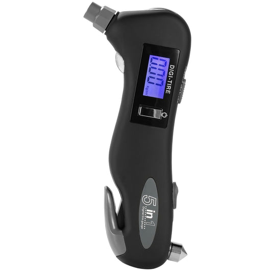 Digital tire pressure gauge and emergency tool with LCD display, featuring 5 functions including tire pressure measurement, car window breaker, and seatbelt cutter.