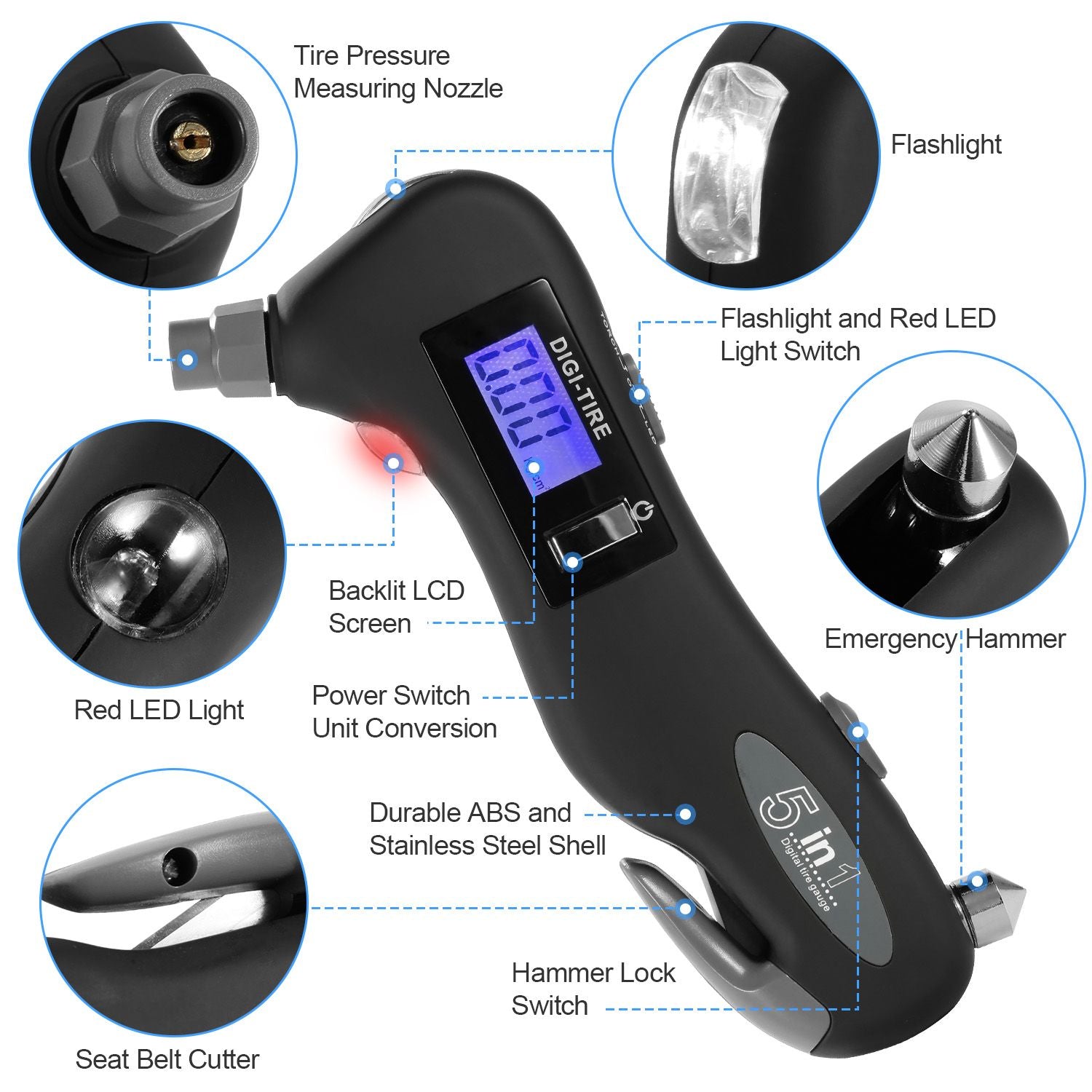 5-in-1 multifunctional emergency tool featuring a tire pressure measuring nozzle, flashlight, backlit LCD screen, red LED light, seat belt cutter, and emergency hammer with durable ABS and stainless steel construction.