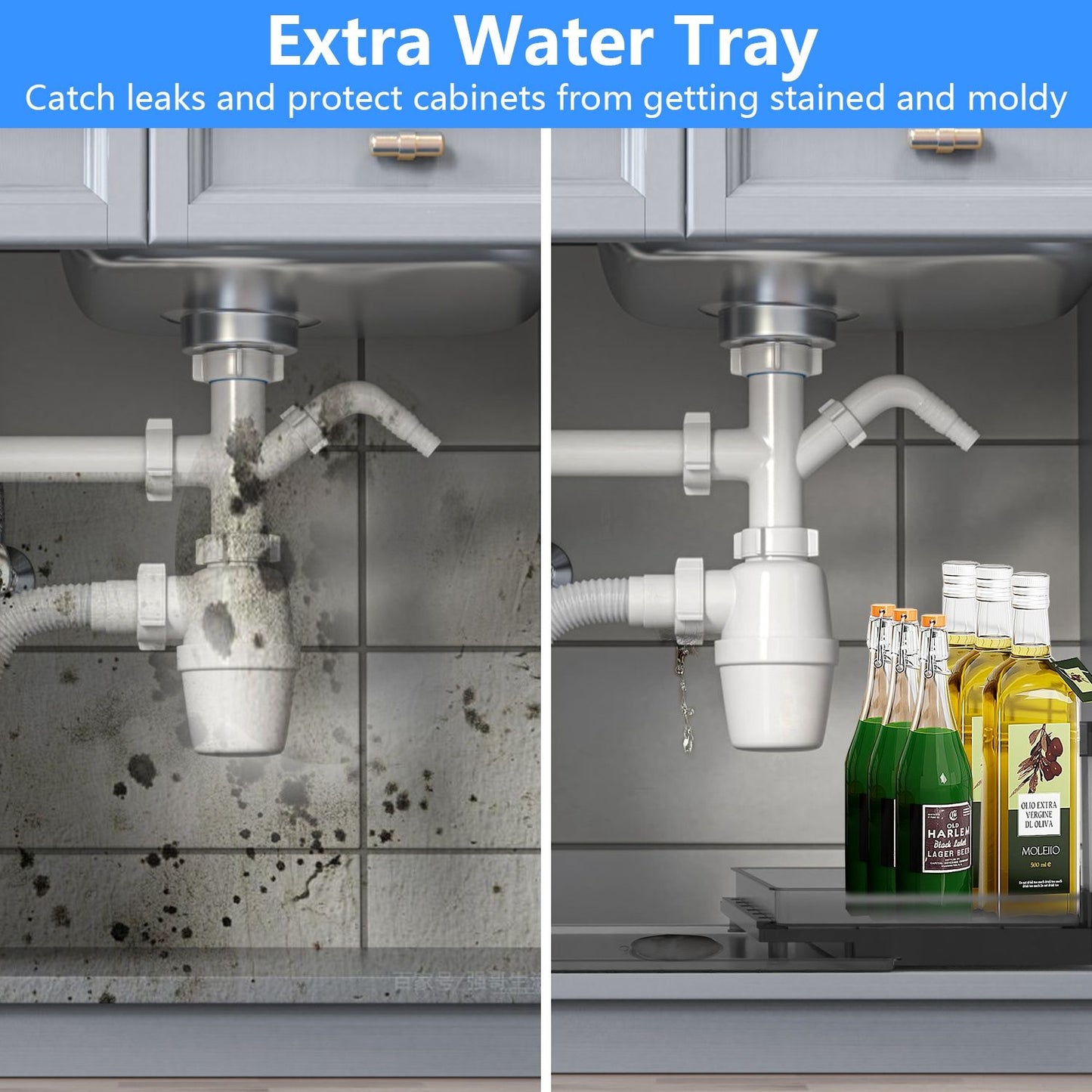 Extra water tray for under-sink plumbing, showing before-and-after images of leak protection; left side features stains and mold, while right side displays a clean area with bottles, emphasizing the product's capability to prevent water damage.