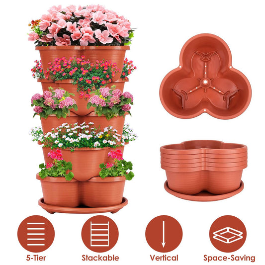 5-tier vertical stackable garden planter with colorful blooming flowers, featuring a space-saving design and an included drainage tray.