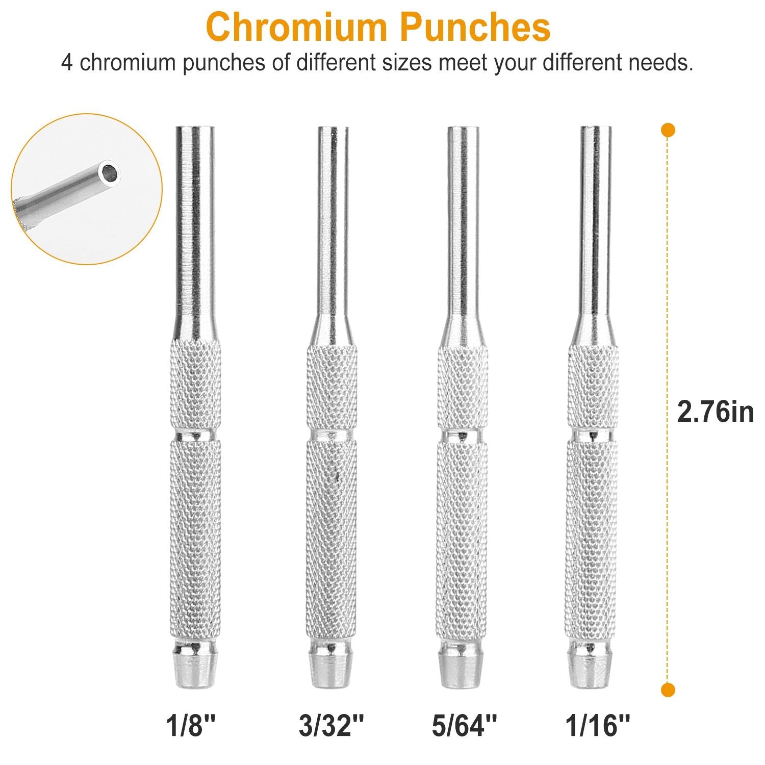 Set of four chromium punches with different sizes: 1/8", 3/32", 5/64", and 1/16", each featuring a textured grip for easy handling, displayed with a measurement indicator of 2.76 inches.