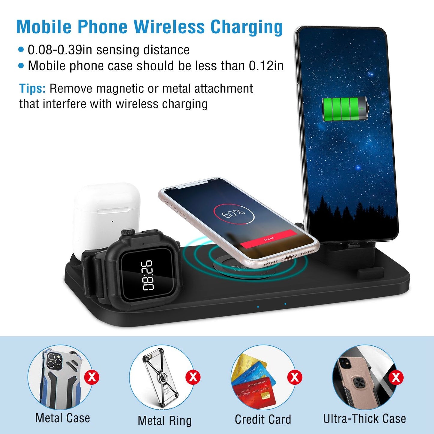 Wireless charging station for mobile phones and smartwatches, featuring two devices charging simultaneously, with visual indicators for battery levels and tips for optimal use.