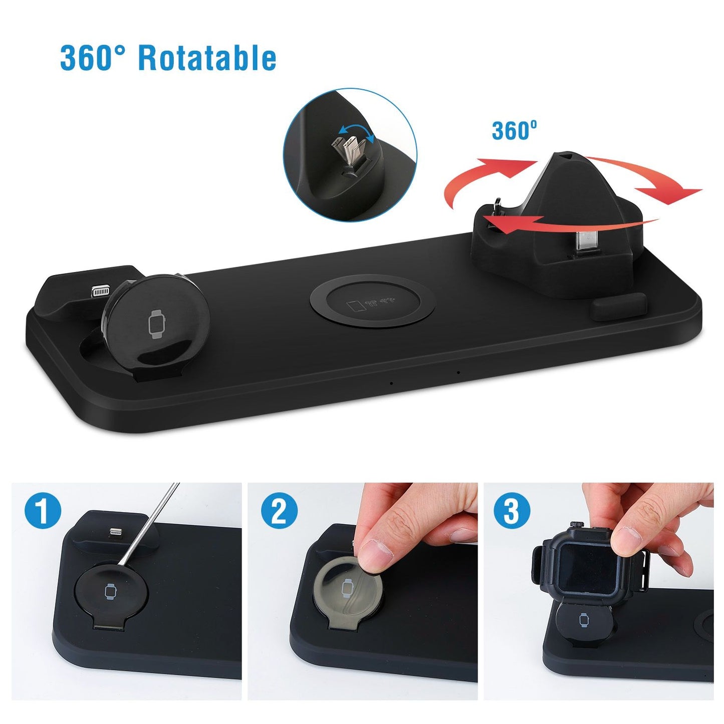 Wireless charging dock with rotatable design, showcasing three-step usage process for charging devices like smartwatches and smartphones.