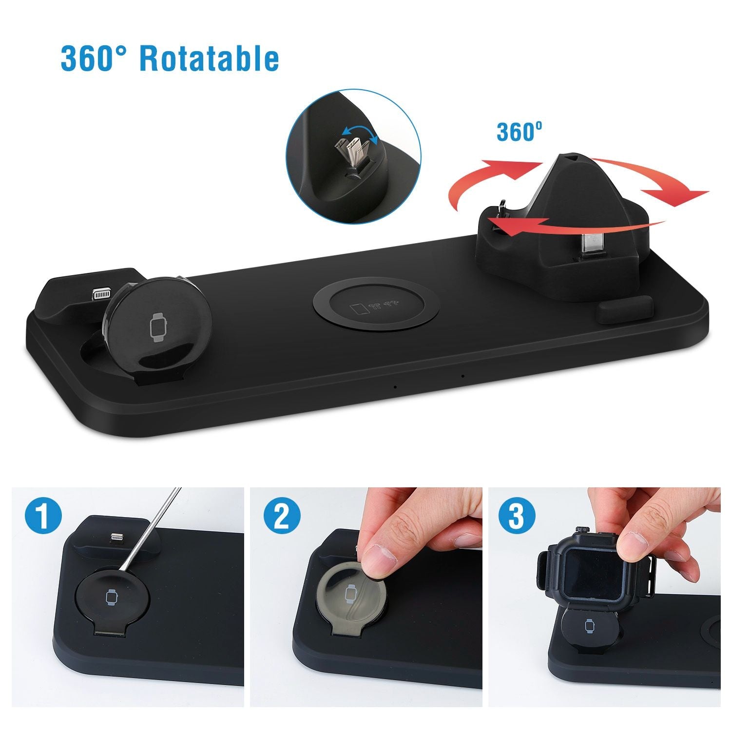 Wireless charging dock with rotatable design, showcasing three-step usage process for charging devices like smartwatches and smartphones.