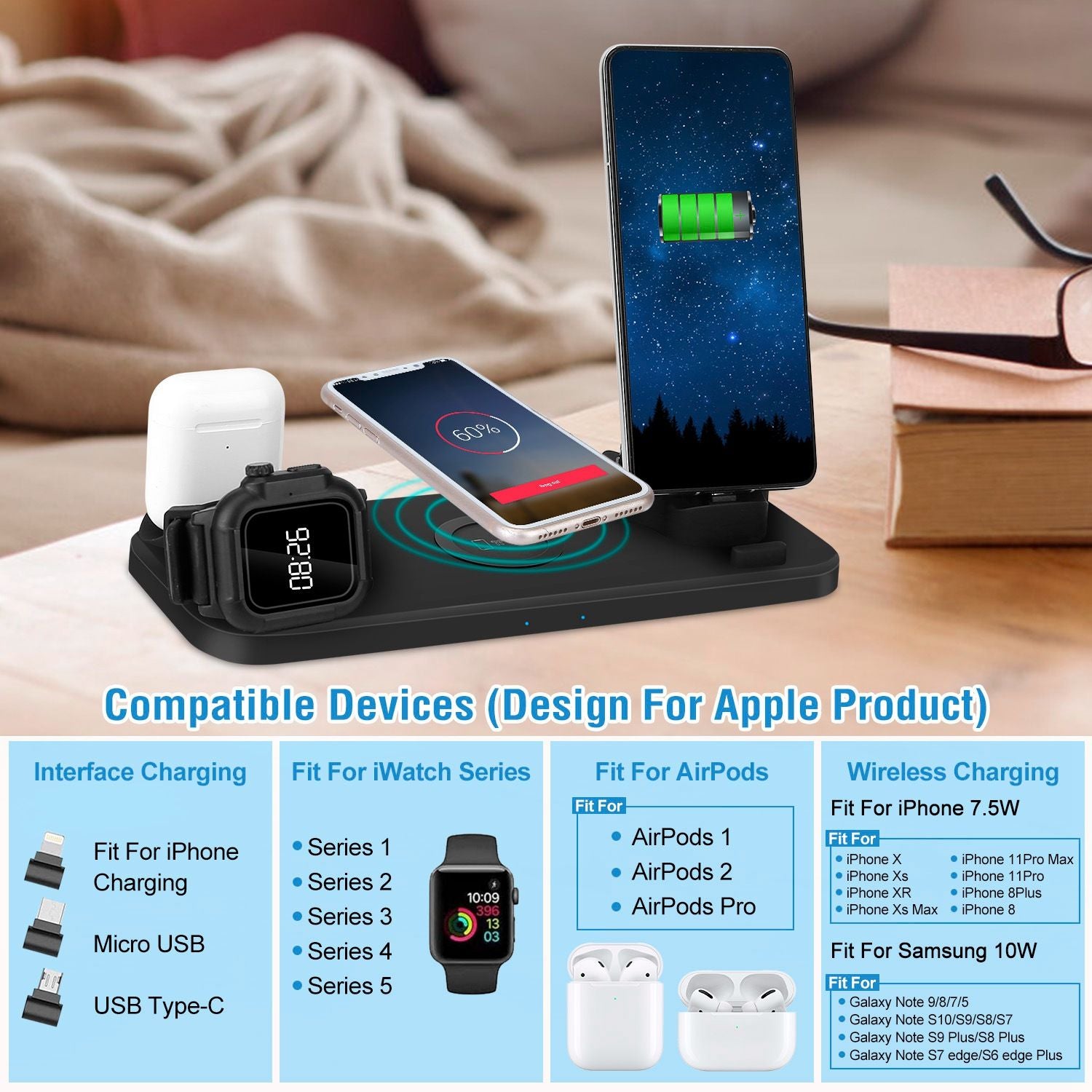 Wireless charging station for iPhone, Apple Watch, and AirPods, showcasing multiple devices charging simultaneously on a sleek black dock.