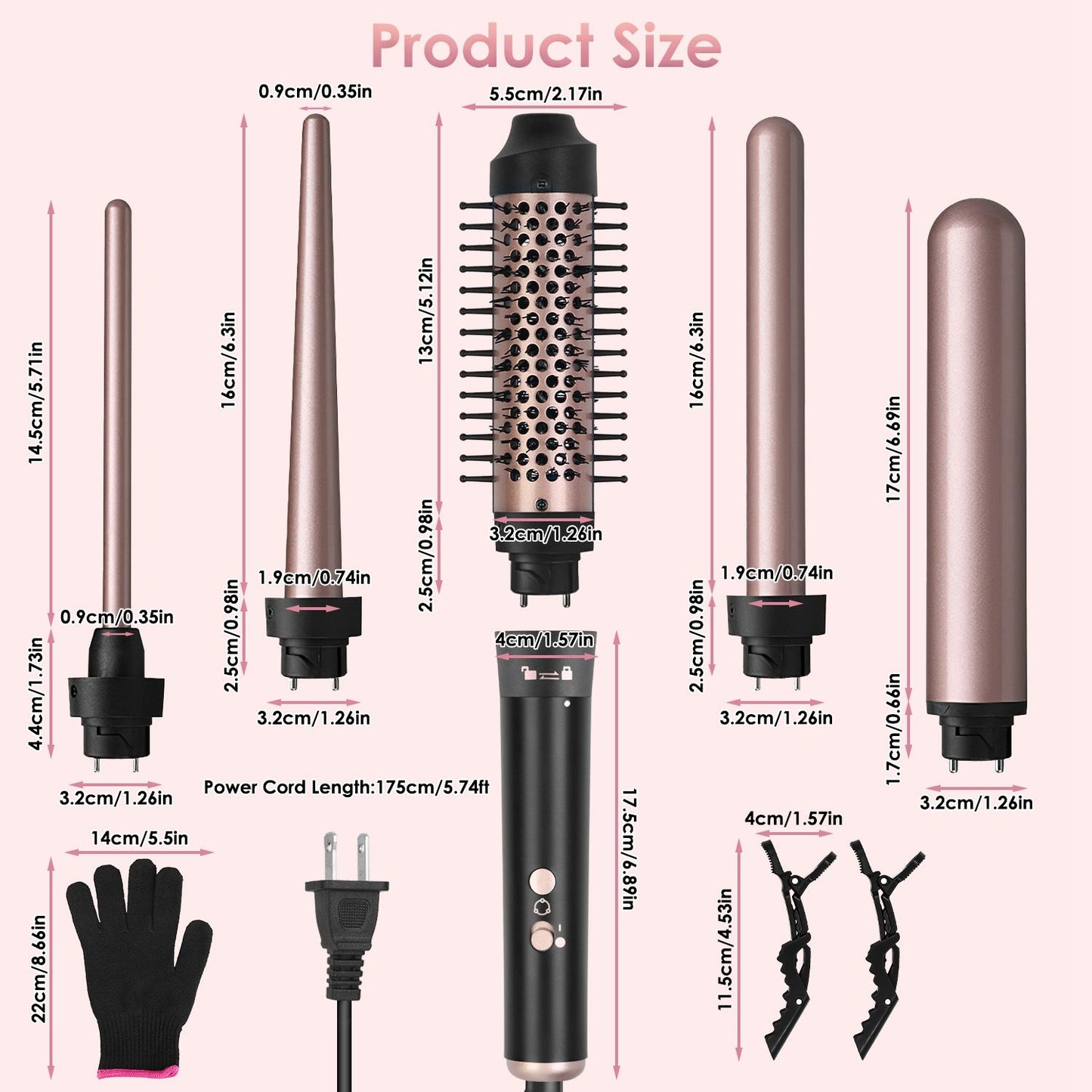Image of a hair styling tool set showcasing different detachable barrel sizes and accessories, including a power cord and heat-resistant glove, with labeled dimensions for each component.