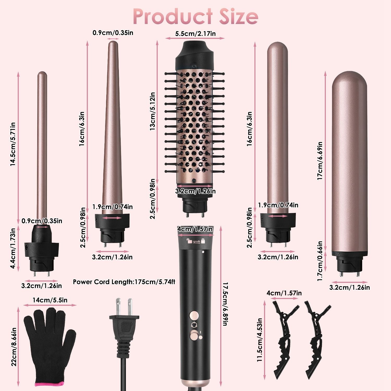 Image of a hair styling tool set showcasing different detachable barrel sizes and accessories, including a power cord and heat-resistant glove, with labeled dimensions for each component.
