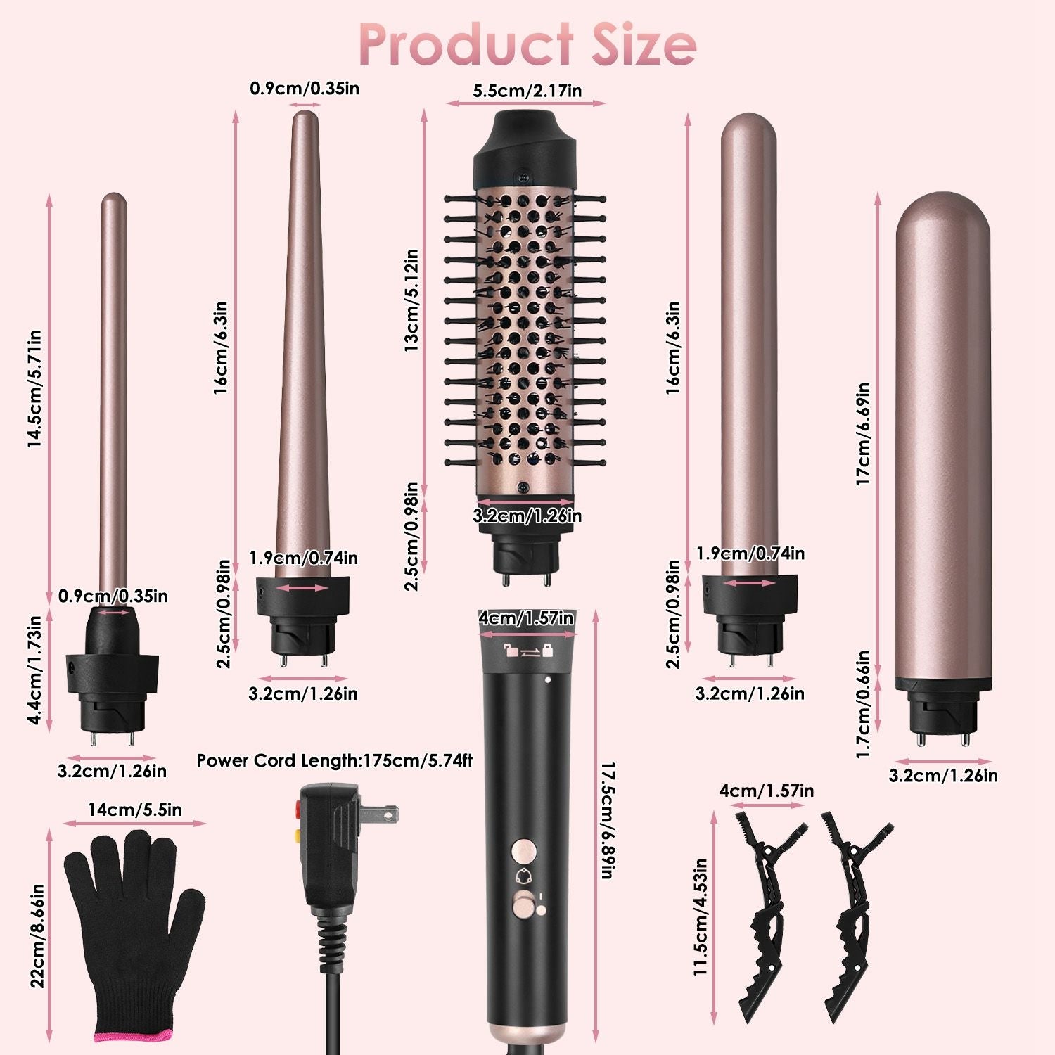 Product size chart for a versatile curling wand with multiple attachments, including a glove for protection and two hair clips, displaying precise dimensions for each component.