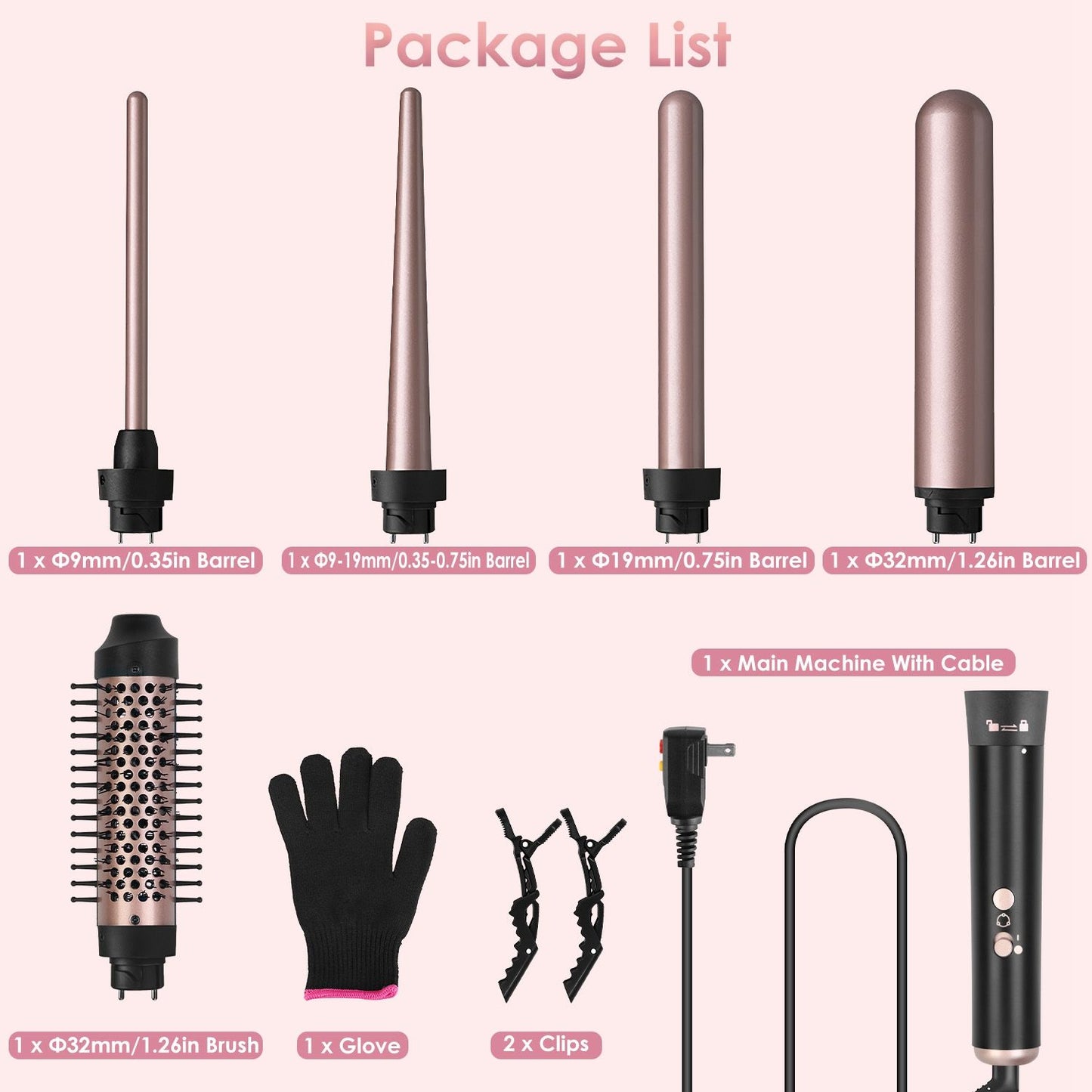6-in-1 curling wand set with multiple interchangeable barrels, a main machine, heat-resistant glove, hairbrush, and clips, ideal for creating various hairstyles.