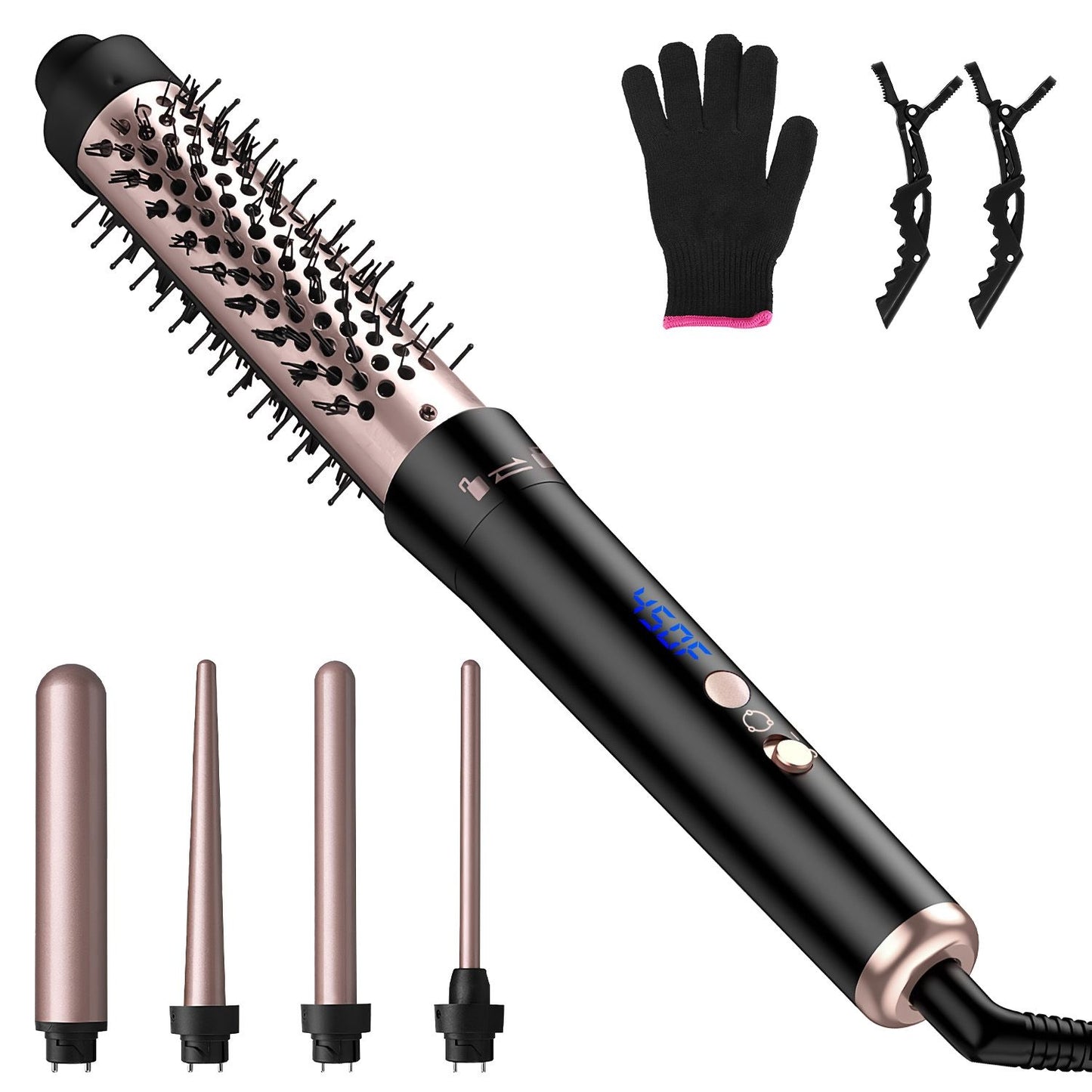 Hair curling wand set with interchangeable barrels, double heat protection glove, and hair clips, featuring a black and rose gold design, LED temperature display, and ergonomic handle for easy styling.