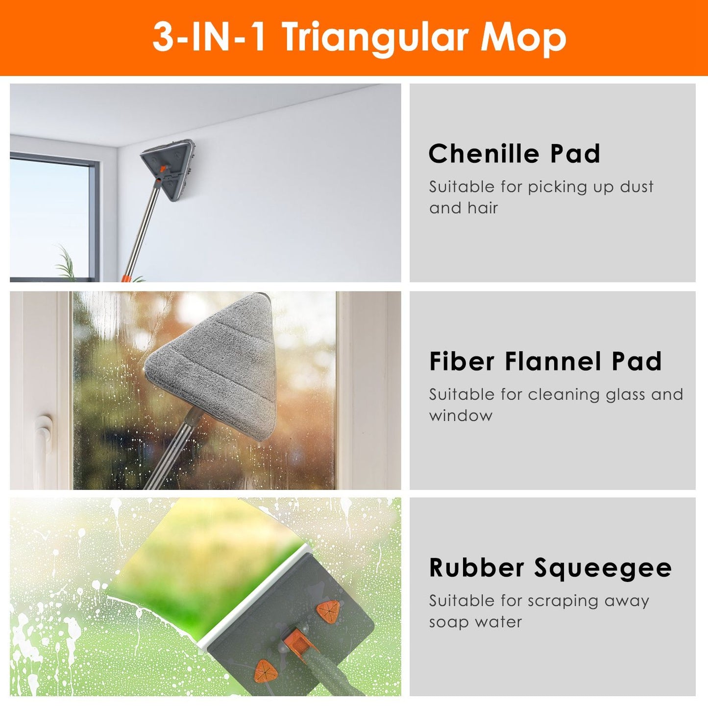 3-in-1 triangular mop with interchangeable chenille pad for dusting, fiber flannel pad for window cleaning, and rubber squeegee for removing soap water, designed for efficient cleaning in hard-to-reach areas.