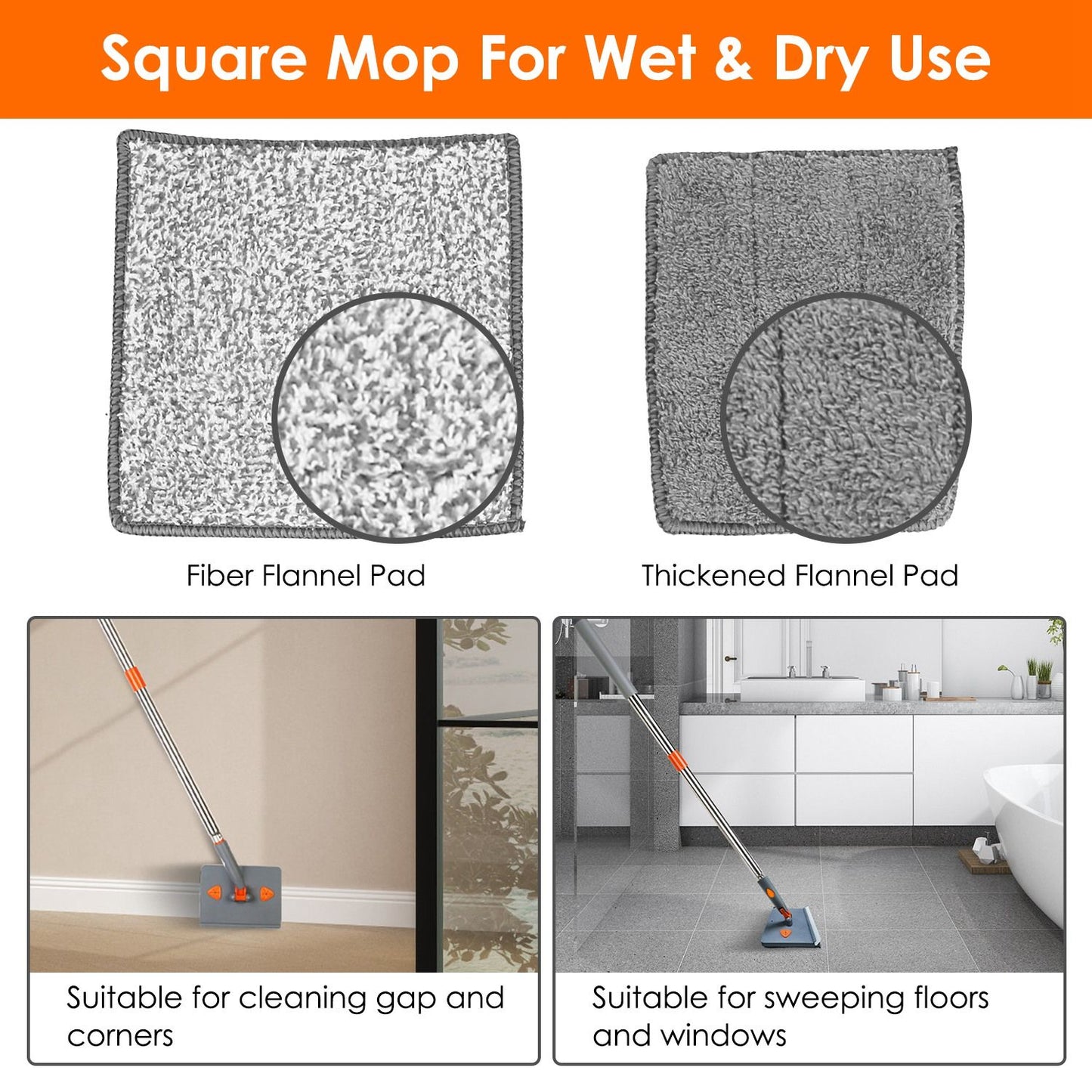 Square mop for wet and dry use featuring two removable flannel pads: a fiber flannel pad for cleaning gaps and corners and a thickened flannel pad for sweeping floors and windows.