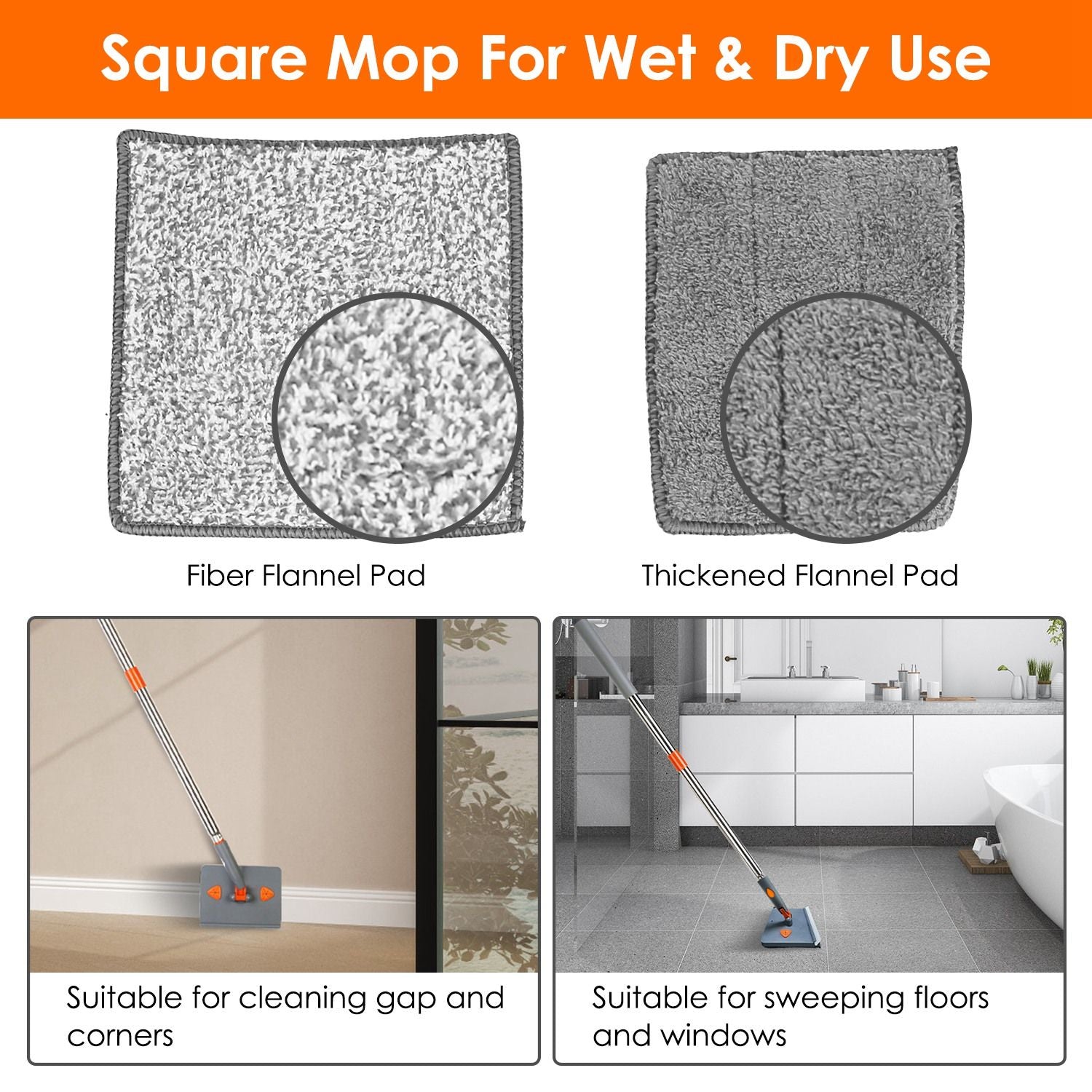 Square mop for wet and dry use featuring two removable flannel pads: a fiber flannel pad for cleaning gaps and corners and a thickened flannel pad for sweeping floors and windows.