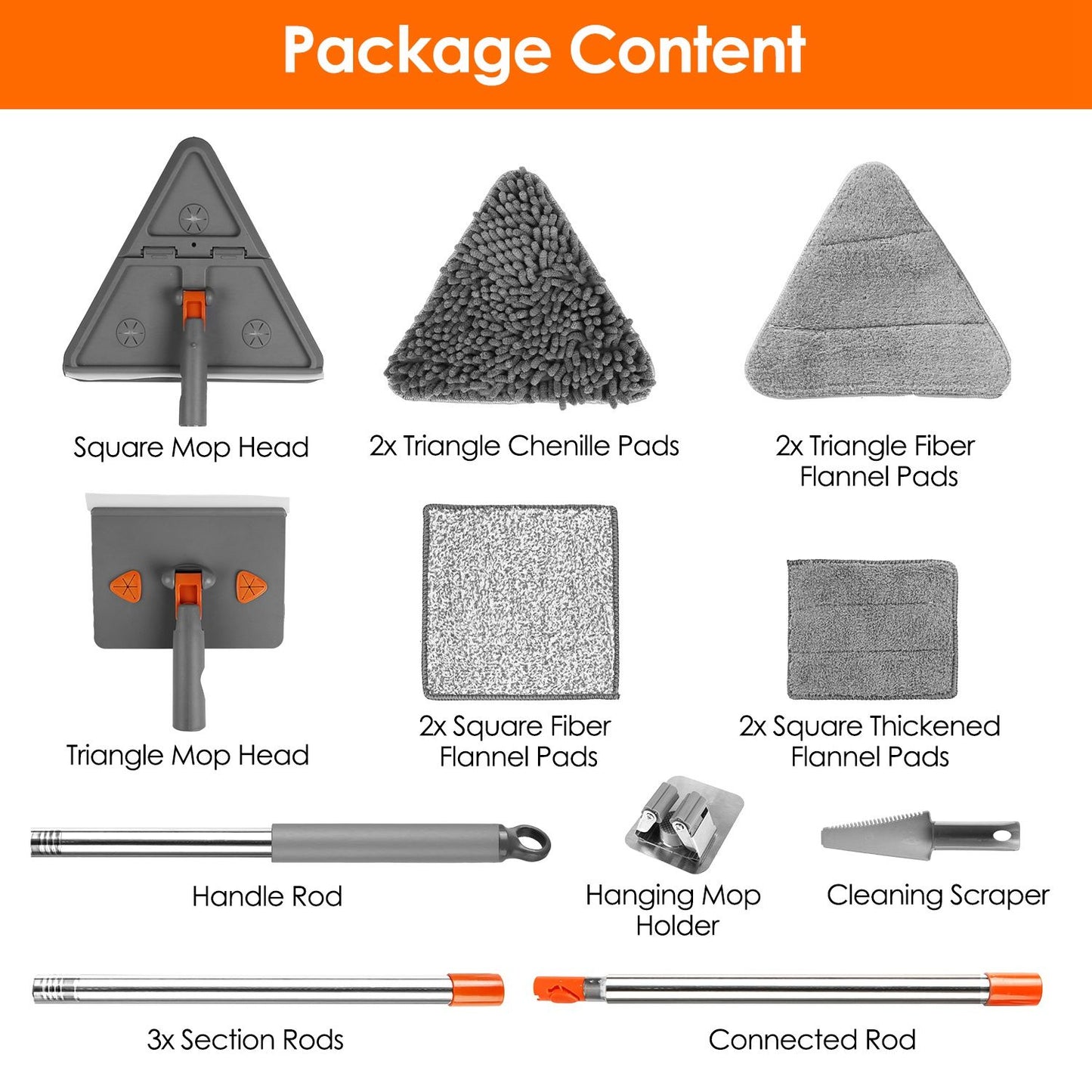 Product image showcasing a complete cleaning mop set, including a square mop head, triangle mop head, various cleaning pads (triangle chenille, triangle fiber flannel, square fiber flannel, square thickened flannel), handle rod, section rods, hanging mop holder, and a cleaning scraper.