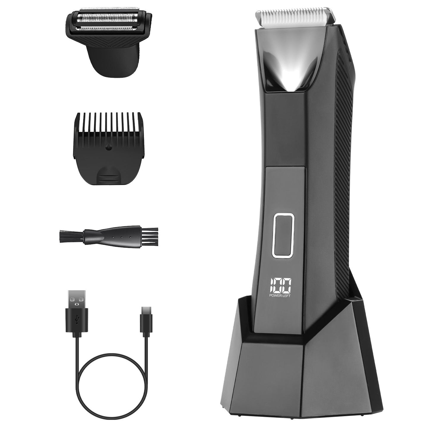 Men's electric hair clipper and shaver kit with multiple attachments, charging cable, and cleaning brush, featuring a digital display for battery life.