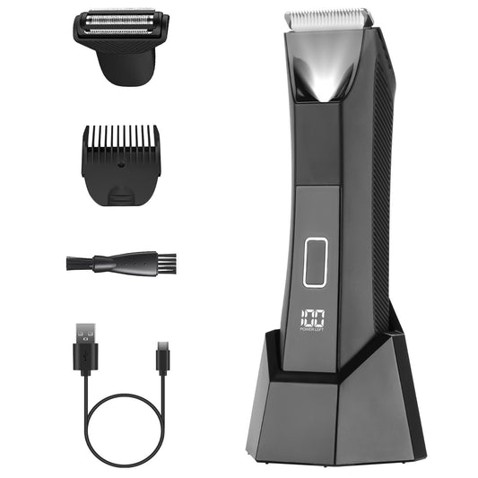 Men's electric hair clipper and shaver kit with multiple attachments, charging cable, and cleaning brush, featuring a digital display for battery life.