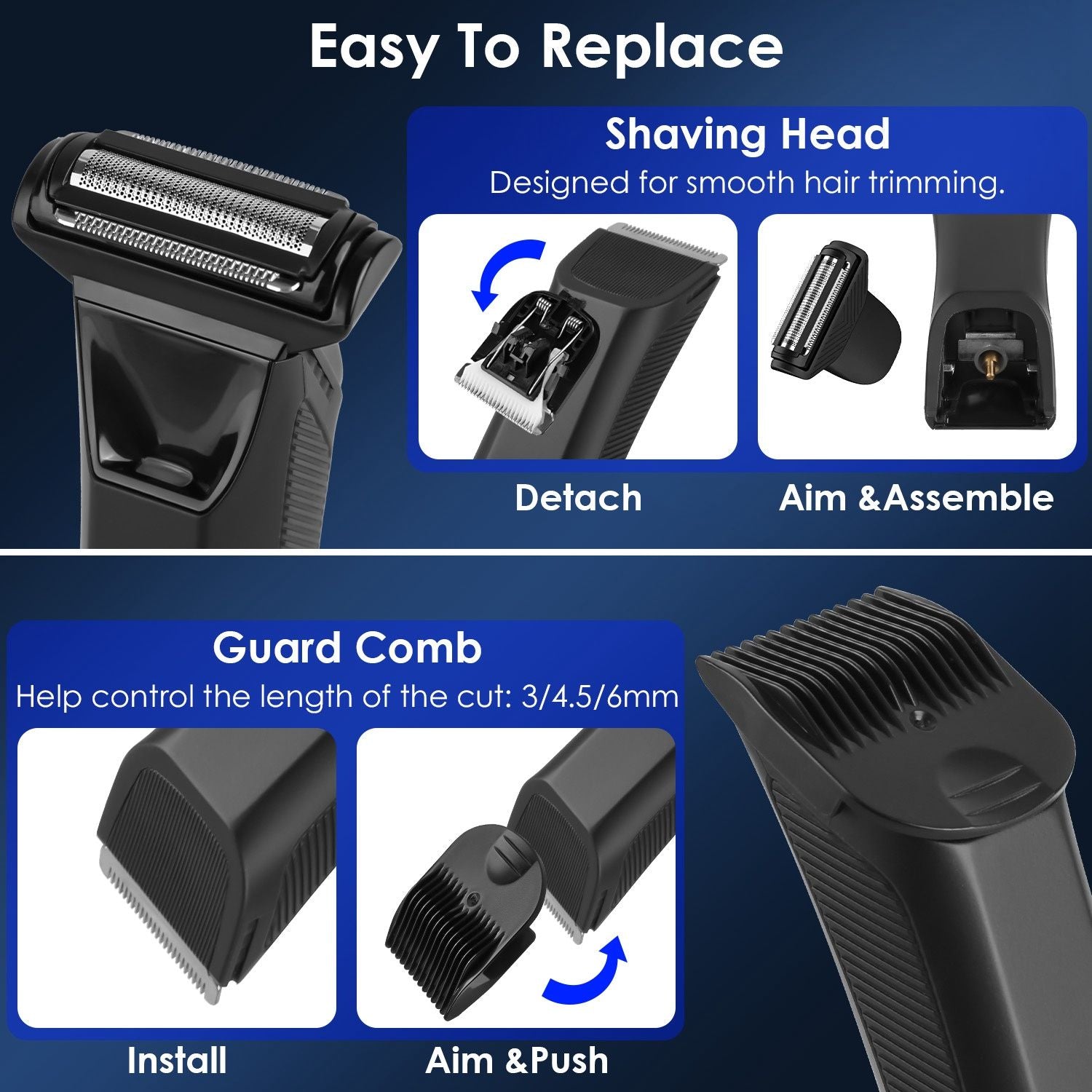 Image showing a hair trimmer with an easy-to-replace shaving head and adjustable guard comb for precise hair cutting lengths of 3, 4.5, and 6mm.
