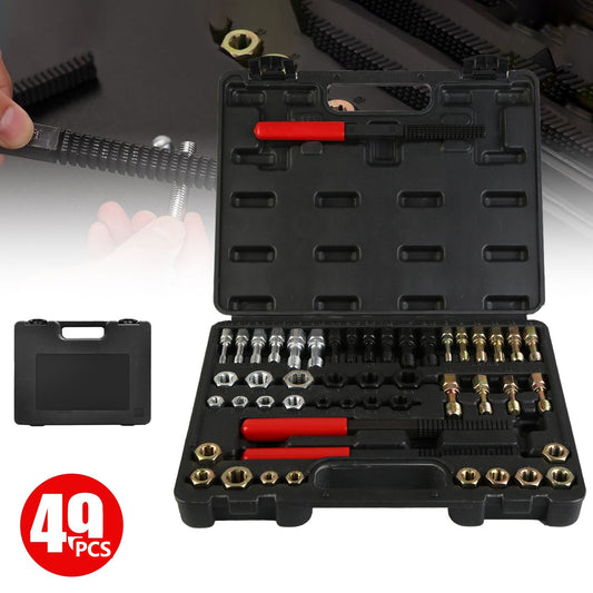 49-piece automotive repair tool kit displayed in a sturdy black carrying case, featuring a variety of nuts, bolts, and specialized tools including a red-handled brush and scraper for efficient repairs.