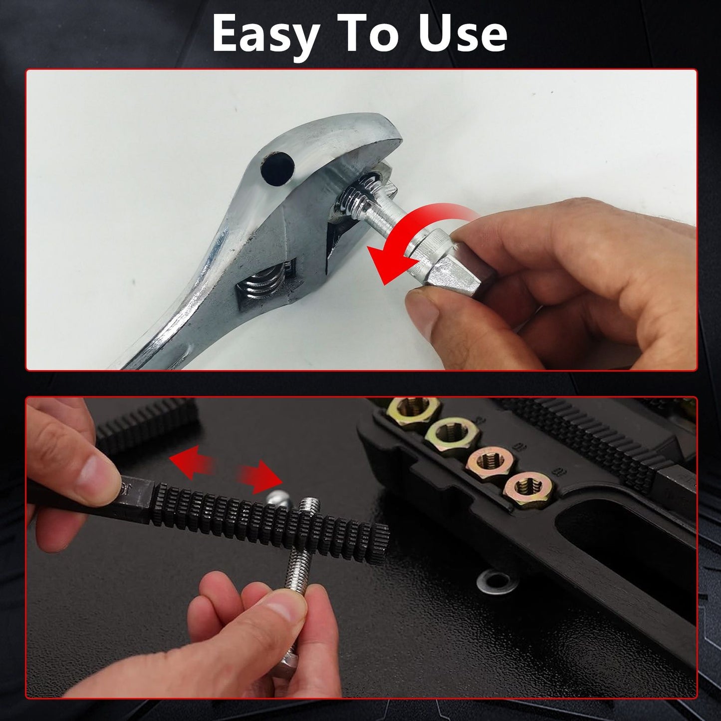 Image showing a user-friendly adjustable wrench being used to attach a nut, with a detailed illustration of a screw and threaded rod mechanism for easy assembly or disassembly of parts in DIY tasks.