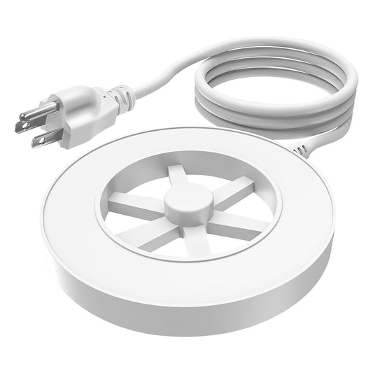 White electric fan base with a coiled power cord and plug, designed for efficient air circulation in home or office settings.