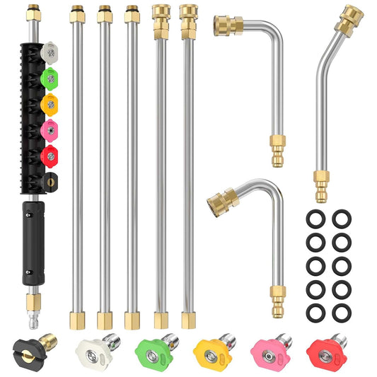 Pressure washer nozzle attachment kit featuring multiple stainless steel extension wands, color-coded nozzles, and connectors for versatile cleaning tasks.