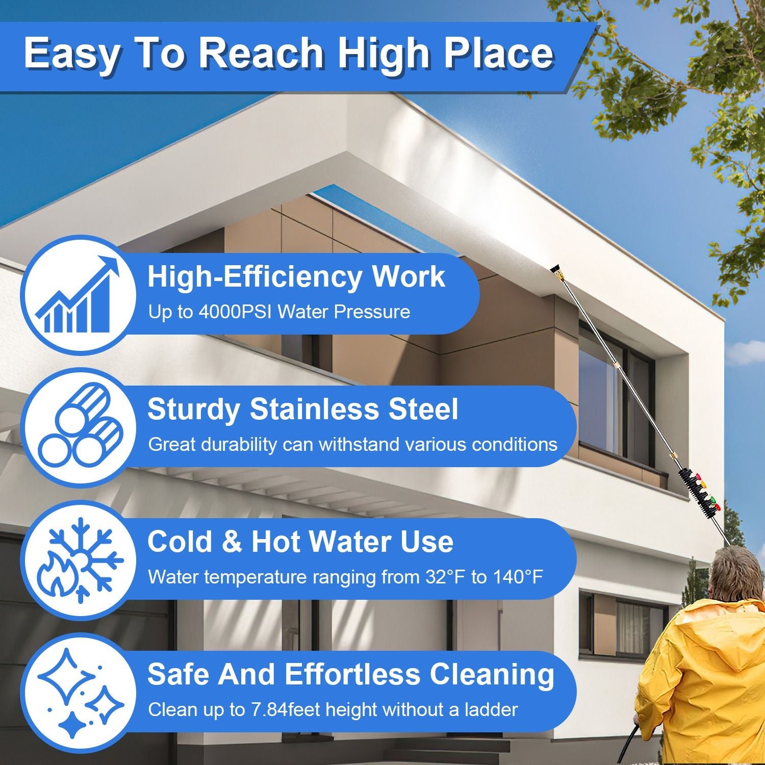 Product image of a high-pressure washer attachment designed for reaching high places, featuring key benefits such as up to 4000 PSI water pressure, durable stainless steel construction, compatibility with cold and hot water, and the ability to clean up to 7.84 feet without a ladder.